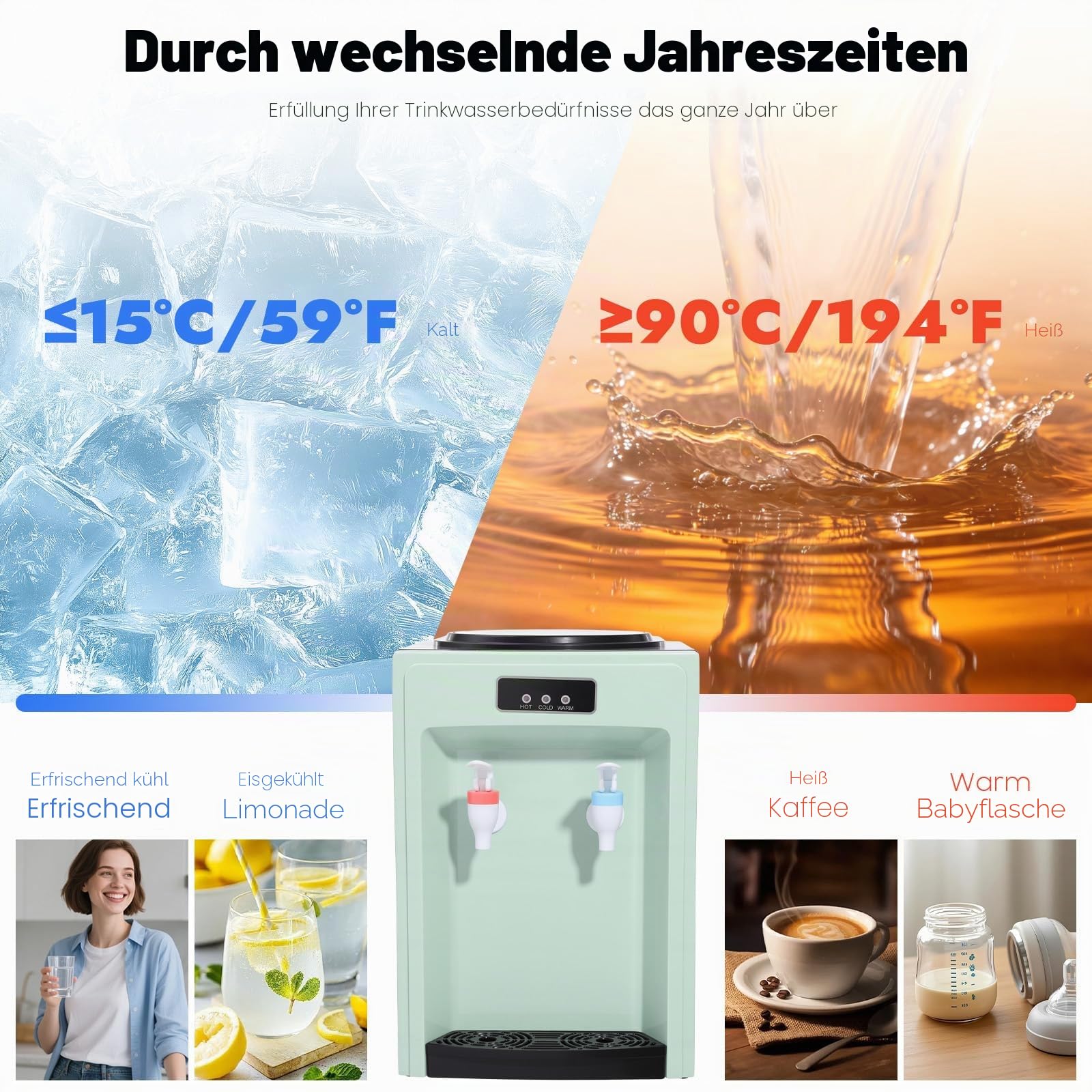 Elektrischer Wasserspender Mit Kühlung, Wasser Spender Automat 550w, Water Dispenser Hot and Cold Für Büro Hause, Heiztemperatur≥194°F, Kühltemperatur ≤59°F, Grün