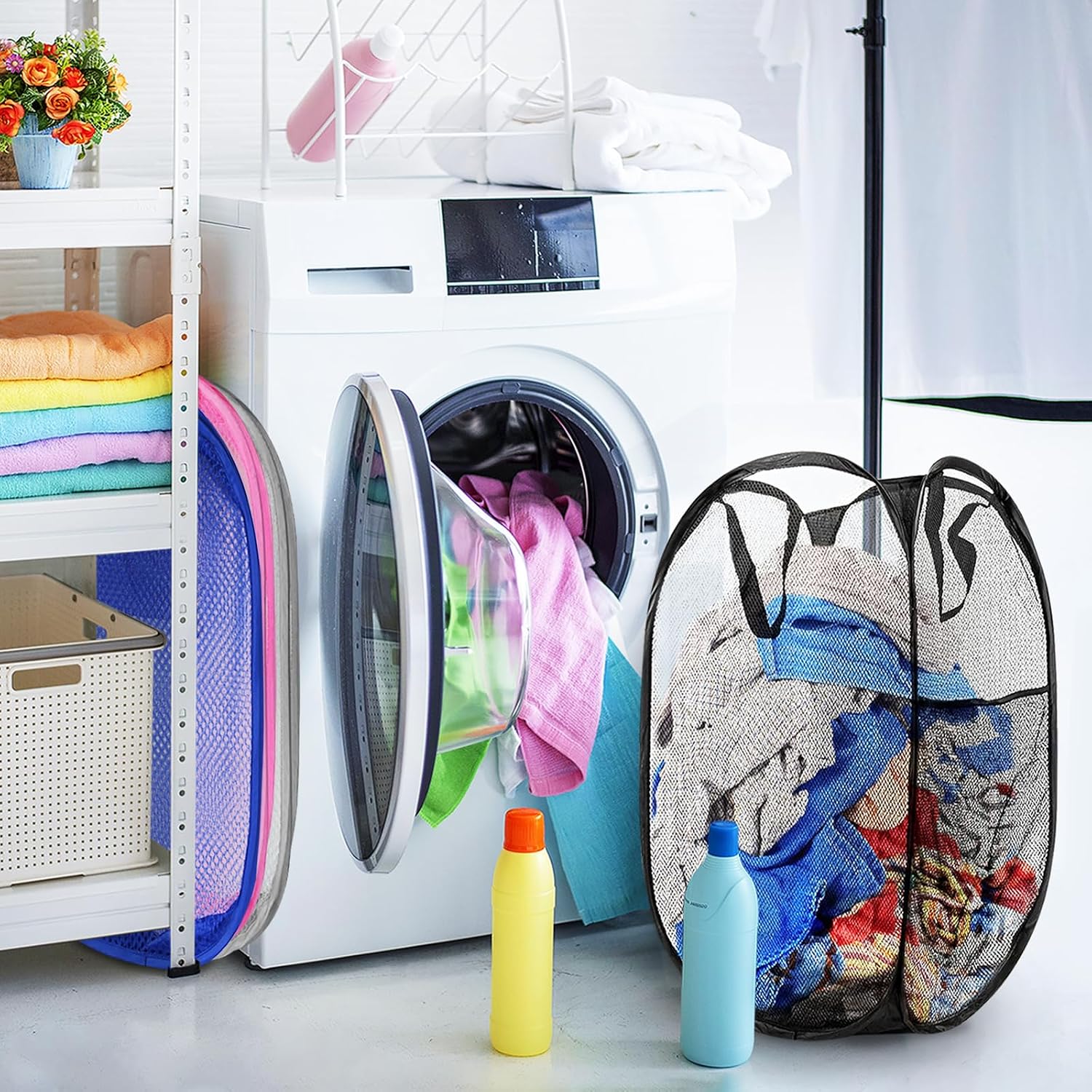 Collapsible Pop Up Laundry Hamper, Extra Large Mesh Foldable Laundry Basket Bag, 28" x 16" x 16", 4 Pack (Black + Pink + Grey + Blue)
