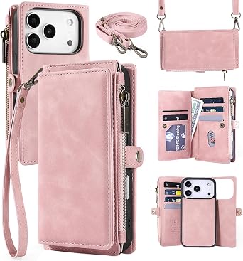 for iPhone 17 Pro Wallet Case, [Compatible with Magsafe] [Magnetic Detachable] [RFID Blocking] PU Leather Case with Card Holder & Crossbody Strap for Women Men, Pink