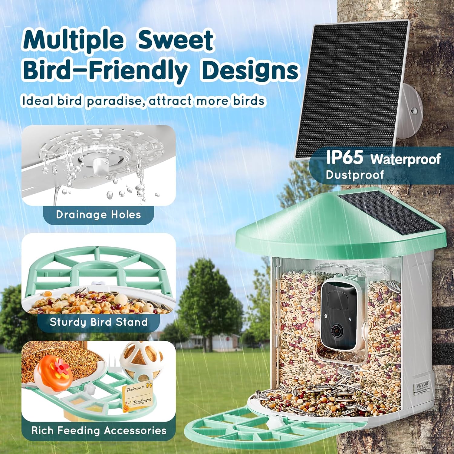 VEVOR Smart Bird Feeder Camera with 3 Solar Panels, Solar Powered Wireless Camera Bird Feeder with Live Video, AI Identify, Auto Detect & Instant Notify, and 2K Full HD, Ideal Gift for Bird Lover