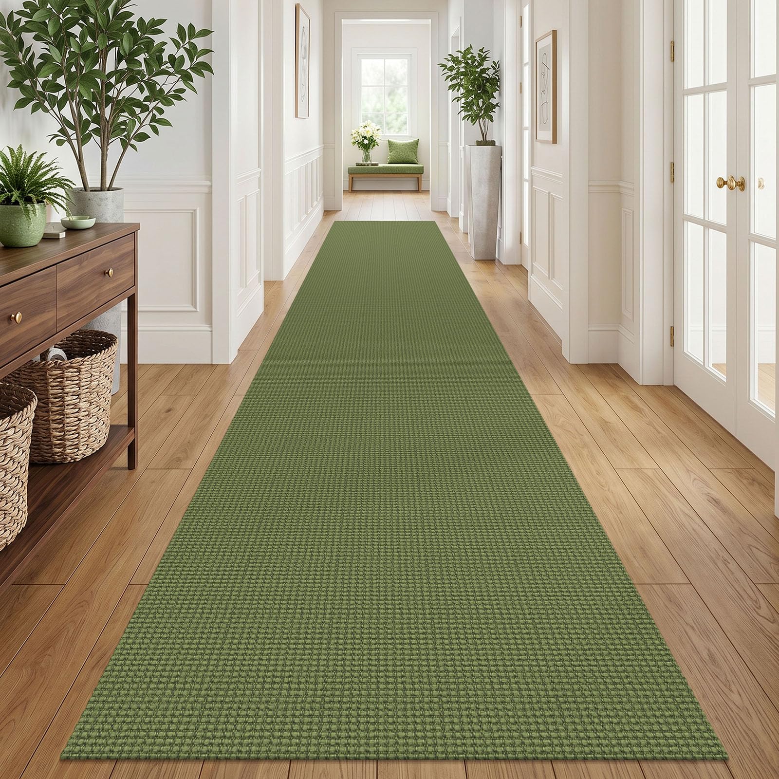IOHOUZE Washable Exrea Long Hallway Runner Rug 3x18 Non Slip Rubber Backed Kitchen Runner Entryway Runner Indoor, Woven Rugs Floor Carpet for Kitchen Hall Entryway, Olive Green/Earthy Green
