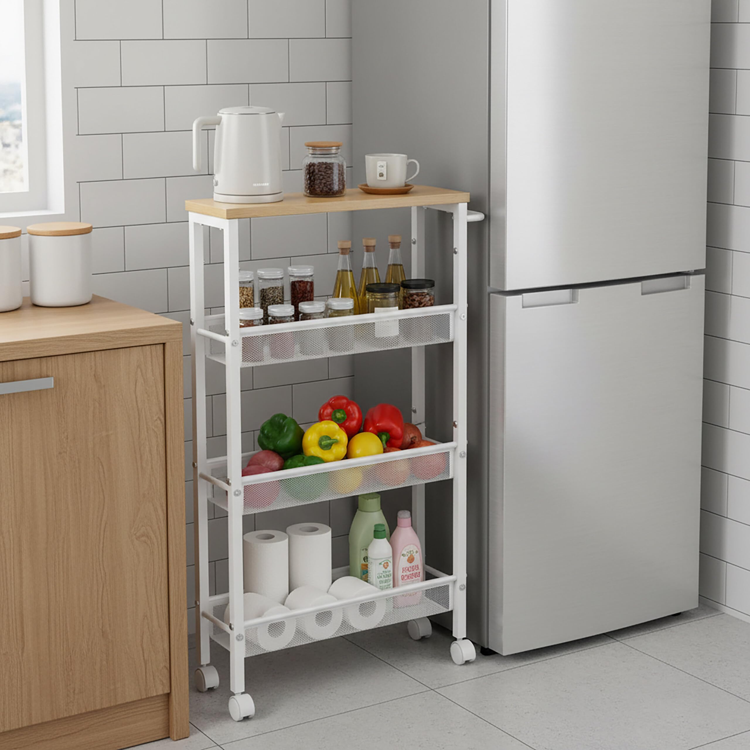 Relaxdays Estantería metálica con 4 Niveles, Ruedas, 77x13x45 cm, para baño y Cocina, Natural/Blanco