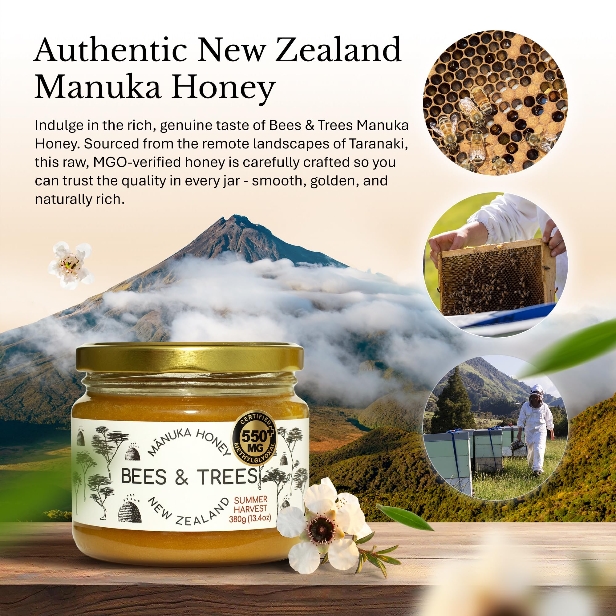 Bees & Trees 550+ MG 100% Raw New Zealand Manuka Honey, 380gm