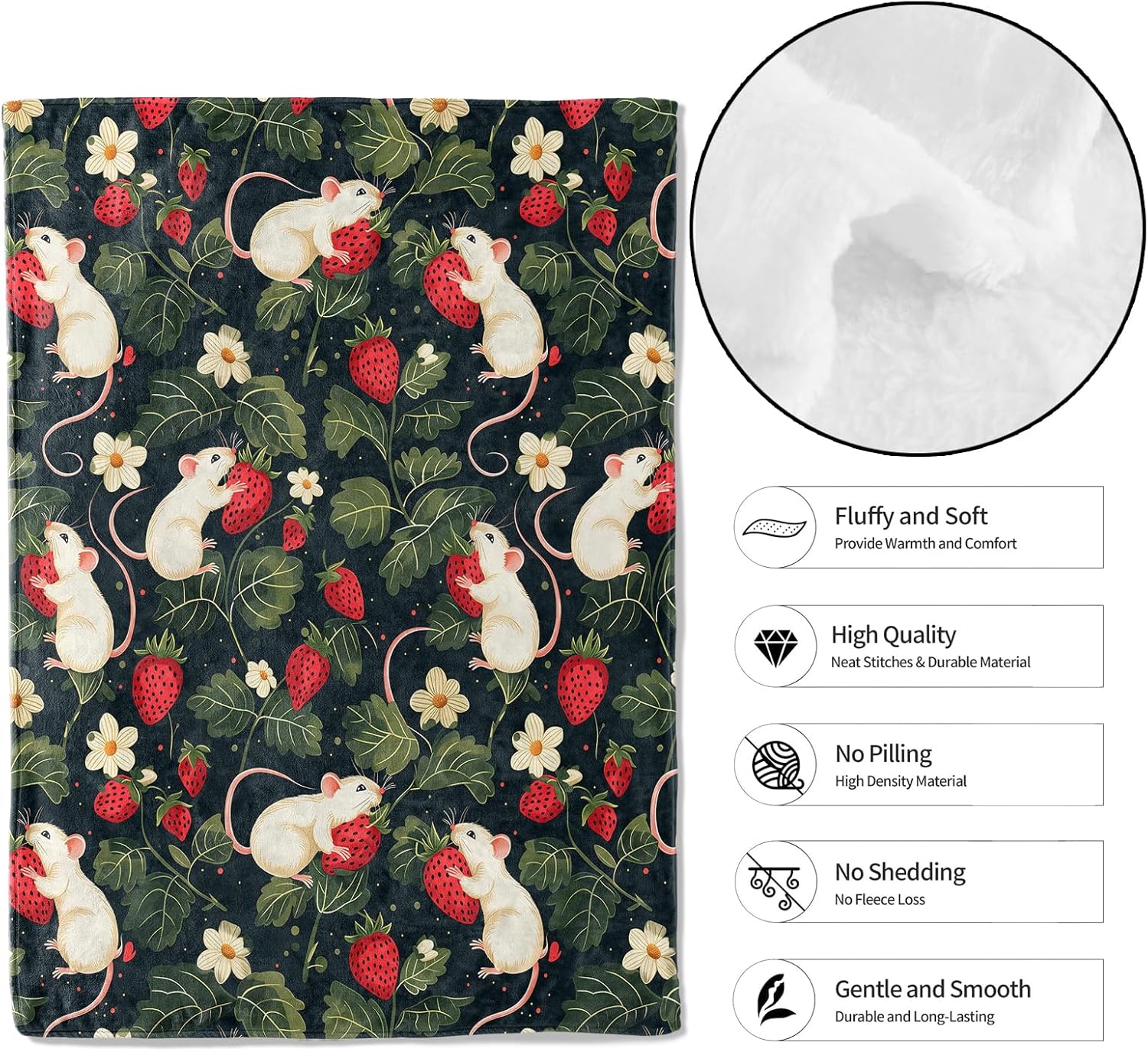 Cute Rat Throw Blanket - 50x60in,Ultra Soft, Cozy Lightweight Flannel,Mice & Strawberry Berry Blankets - Gifts for Women & Nature Lovers,for Couch Home Living Room Festive Decor