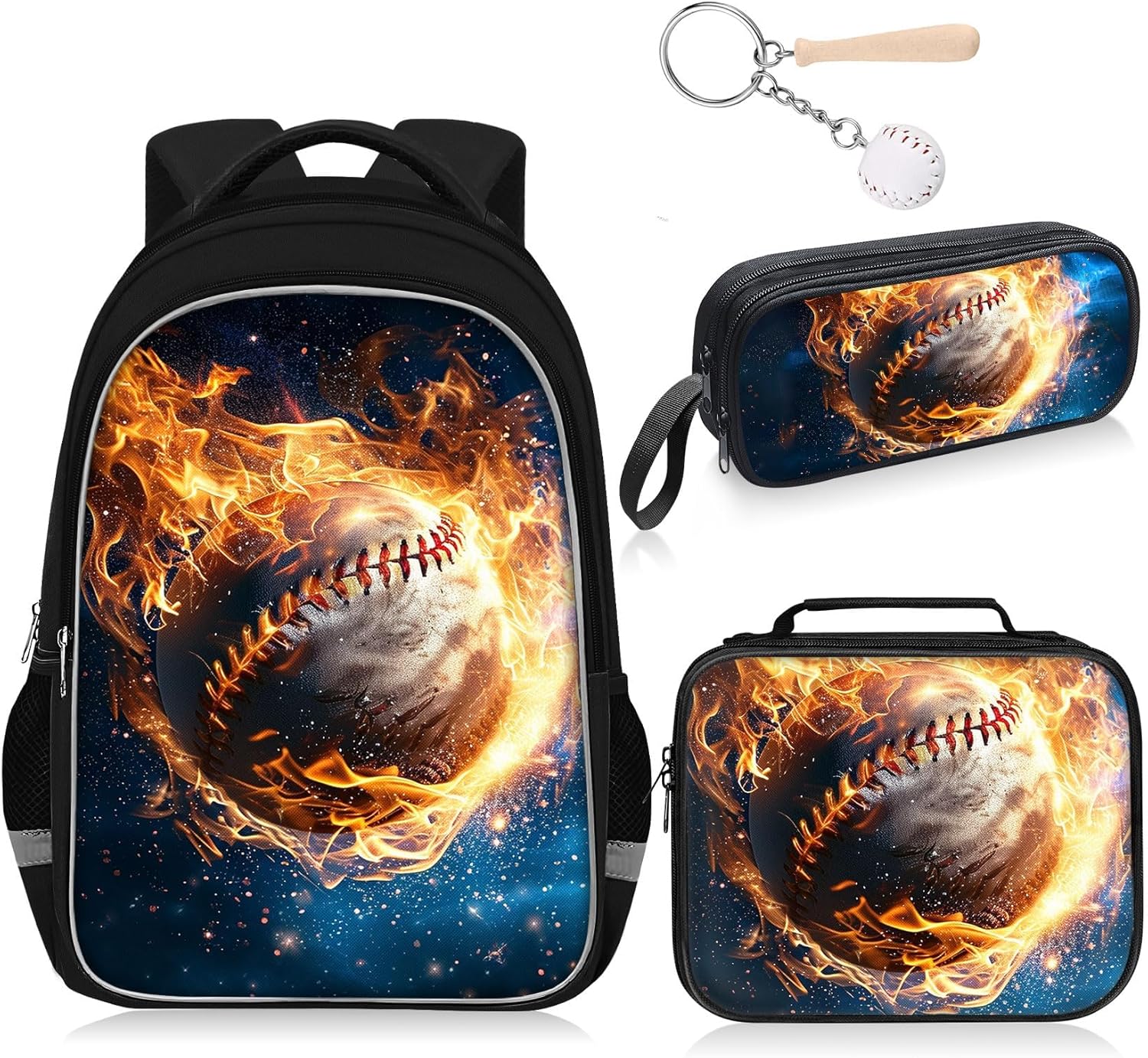 School Backpack for Boys - 4pcs Baseball Boys Backpack with Lunch Box Set for Kids Children Teens Elementary Middle School - 17″ Sport Bookbag Travel Back Pack for Age 6-18