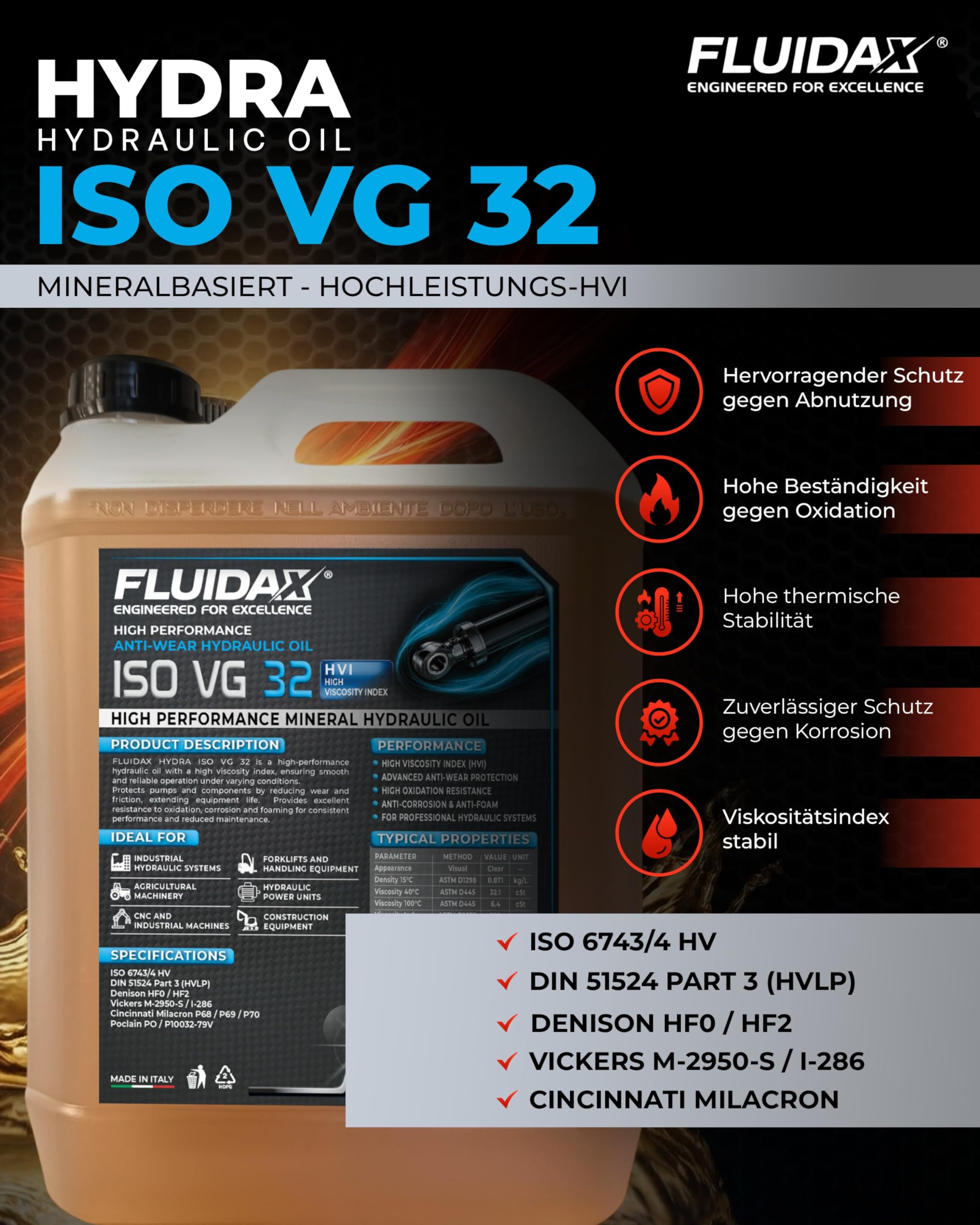 Hydrauliköl ISO VG 32 HVI 5 Liter – Hochleistungs Hydrauliköl, Verschleißschutz, Hohe thermische Stabilität – Für Industrie, Traktor, Bagger und Hydrauliksysteme