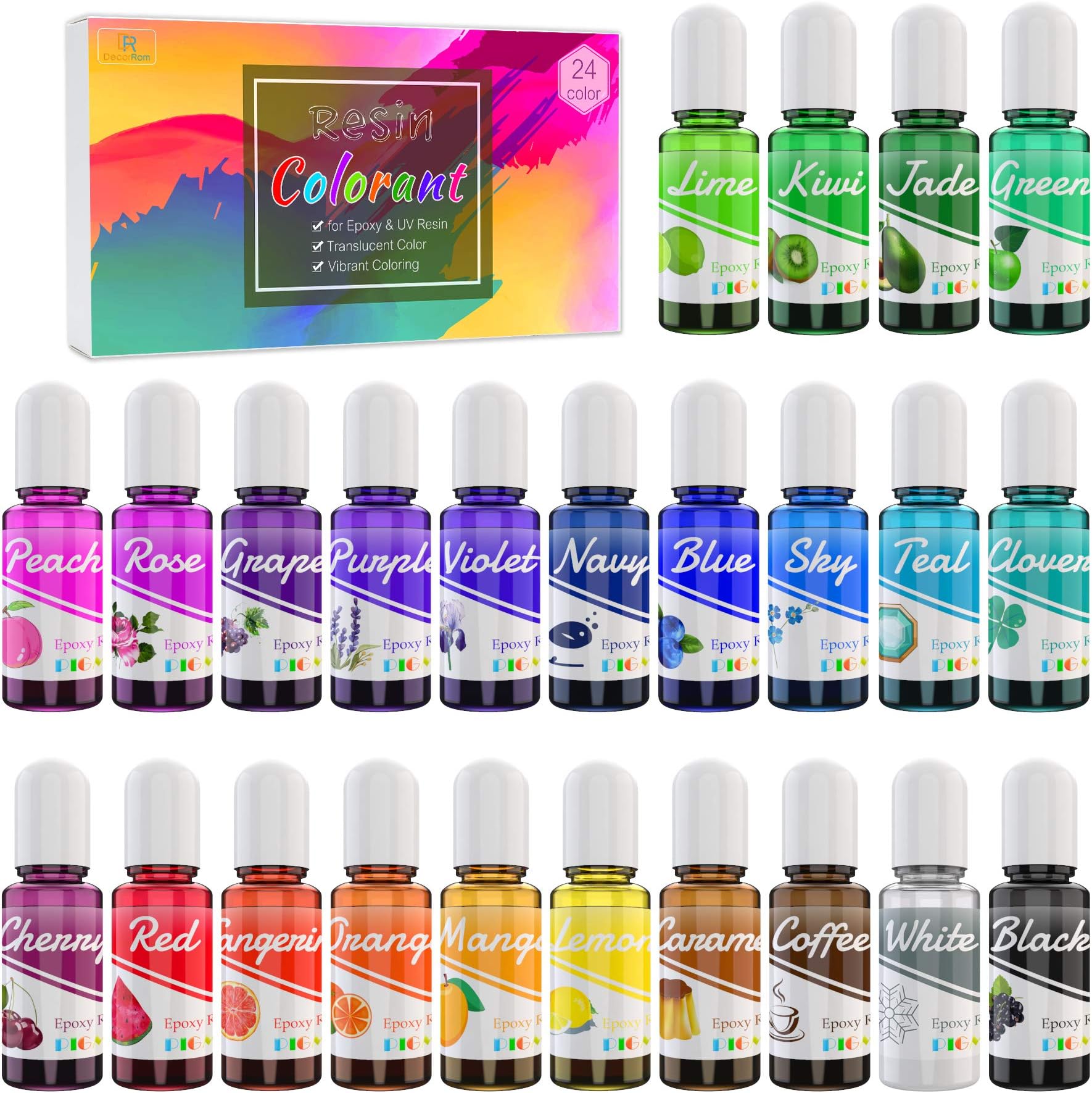 EPOXY UV RESIN PIGMENT - 24 Colours, Concentrated Epoxy Colourant for Resin Art & Jewelry Making - 10ml Each