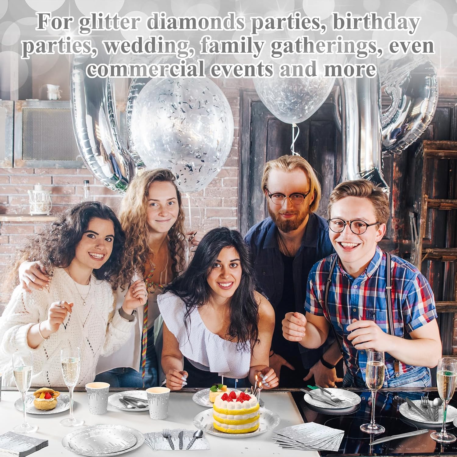 400 Pcs Silver Birthday Party Supplies Disposable Paper Plates Glitter Diamonds Napkins and Cups for Women Birthday Anniversary Wedding Party Decorations Supplies - Image 5
