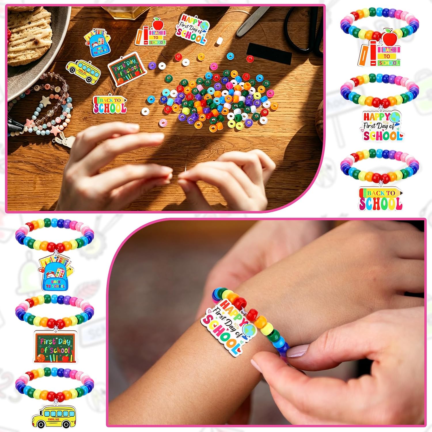 1048 Pcs 24 Sets Back to School Bracelet Making Kit, Beaded Bracelet Craft Kit with Wooden Charms for Welcome First Day of School Gift DIY School Supplies Kit Jewelry Making Supplies Party