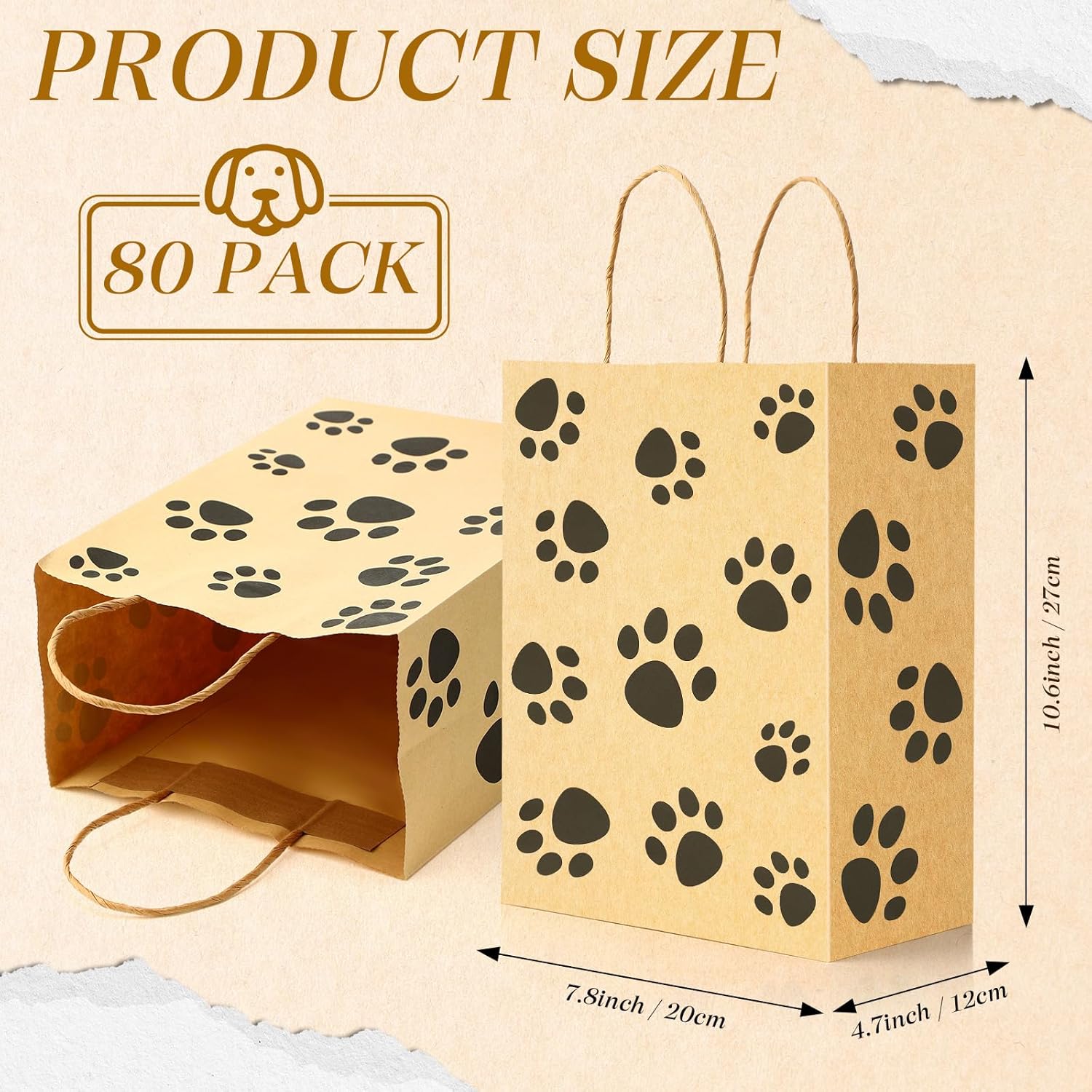 Tenceur 80 Pcs Dog Gift Bags Goodie Paw Puppy Paper Treat Bags Bulk with Handles 10.63 x 4.72 x 7.87 Inch Dog Themed Party Favors Shopping Holiday Kraft(Brown)