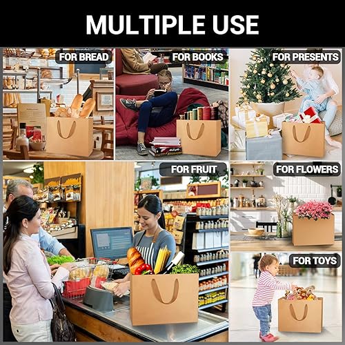 Miniatura 4 de EUSOAR Bolsas de papel kraft para compras, 50 bolsas de regalo de papel kraft marrón de 10.6 x 3.1 x 8.3 pulgadas con asas, bolsas de papel kraft,