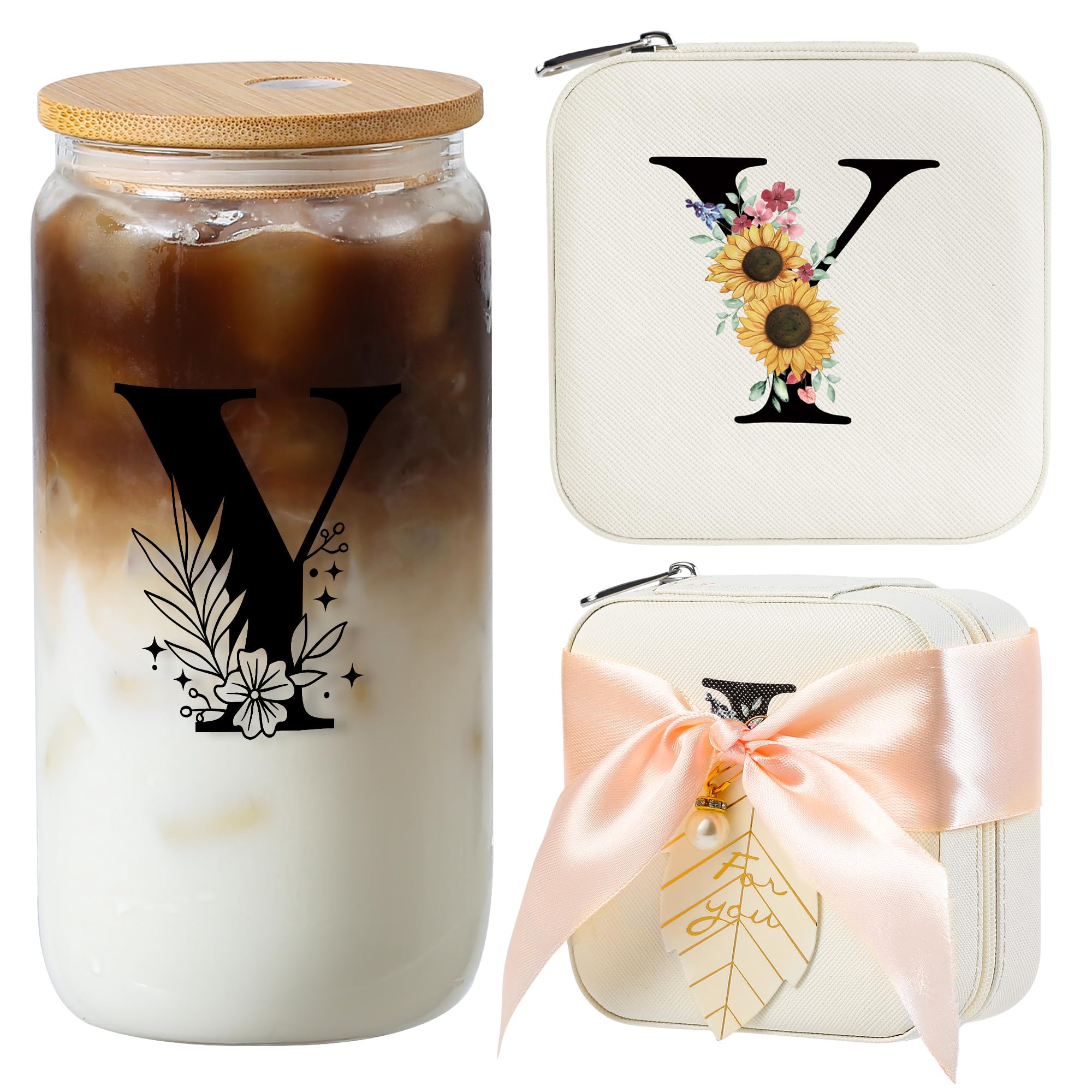 AYGXU Travel Gifts for Women,16oz glass cups with lids and straws,mom birthday gifts,aesthetic cups,coffee cups,travel jewelry case organizer,Travel Essentials Small Jewelry Box,Initial Y white