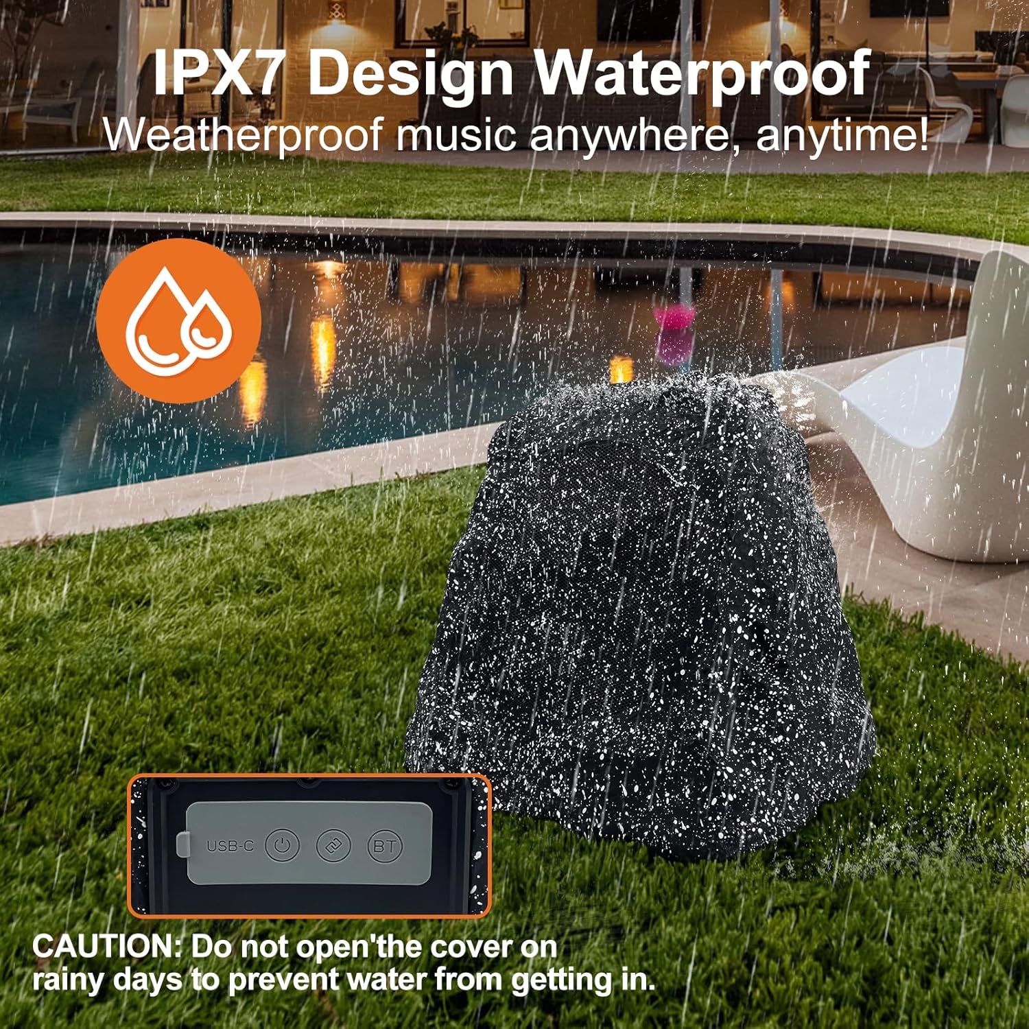 STUDIOFINIX 6.5" Outdoor Rock Speaker Waterproof Bluetooth Wireless Solar Powered with Rechargeable Battery for Patio, Deck, Pool, Garden(Single, Gray) - Image 3