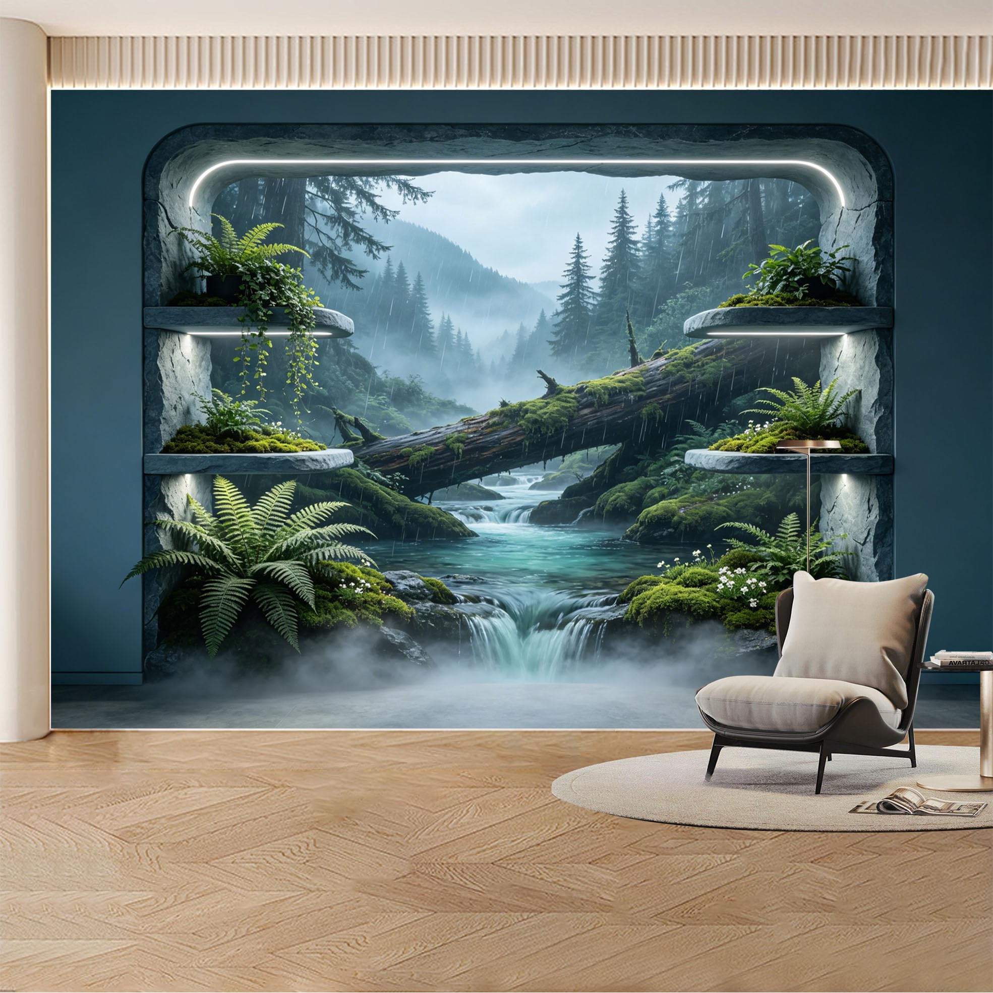 Kayorowalls Bh20260620020 Custom Wall Mural Wallpaper Forest Waterfall Landscape Nature 3D Effect Wall Decor Misty Nordic Removable Selfadhesive Large Photo For Living Room， Bedroom， Office