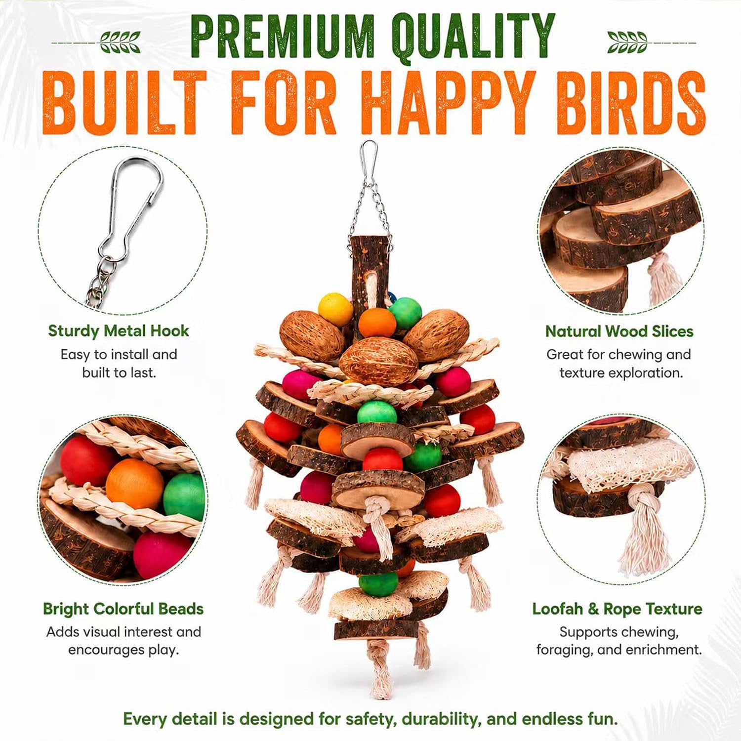 Large Parrot Toys Bird Chewing Toys-Natural Nuts Corn Loofah Wooden Bird Cage Toy for African Grey,Macaws,Conure,Cokatoos,Cockatiel,Amazon Parrots and Other Medium and Small Birds