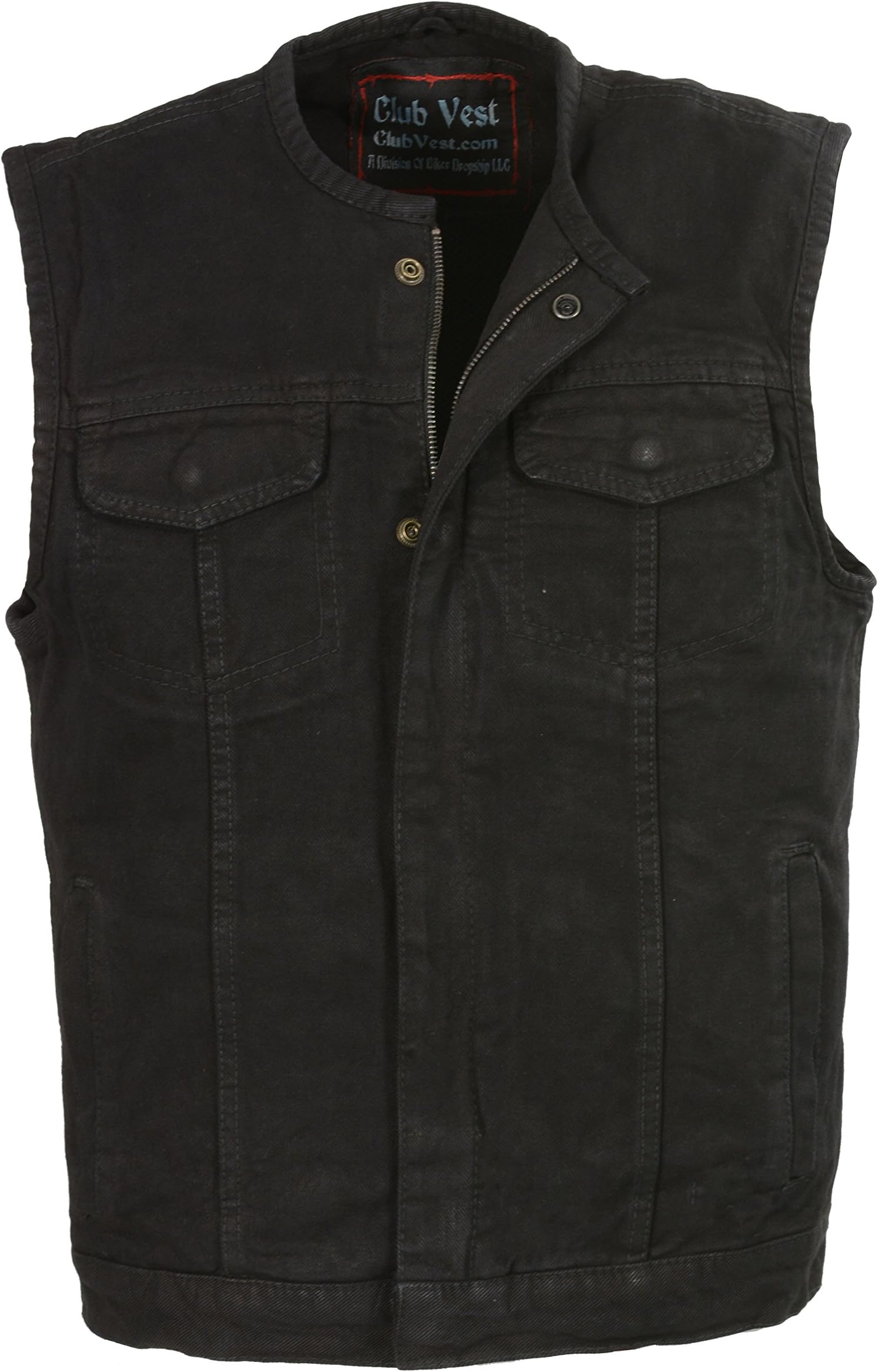 Club Vest-Men's Collarless Denim Club Vest w/ Hidden Zipper (Black, Large), 1 Pack