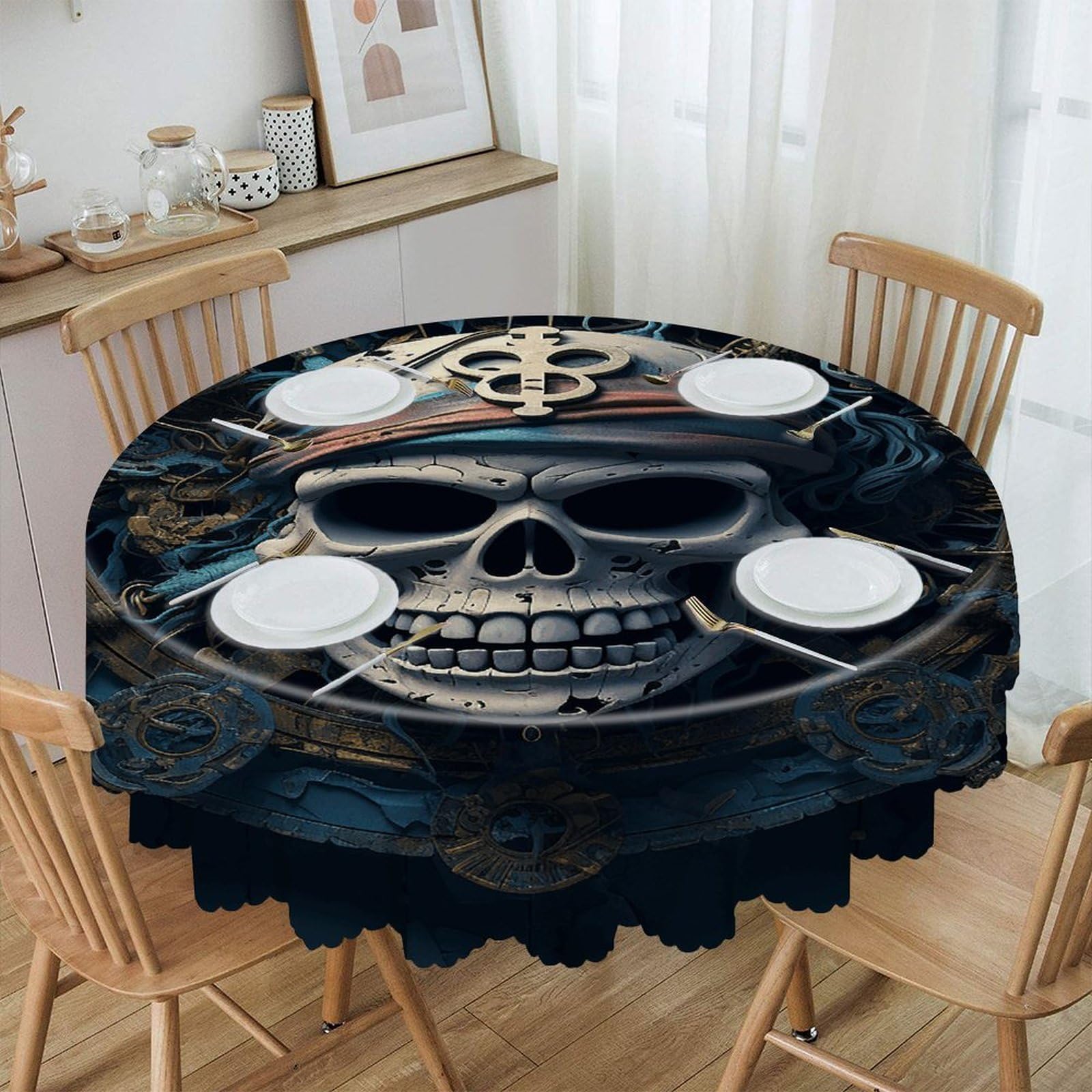 Adfgyerh Style Skeleton Pirate Table Cloth Easy To Clean, Home Decor Lace Design, Soft And Comfortable, Round Tablecloth Suitable For Homes, Restaurants, Hotels, Patio Tables, Etc.