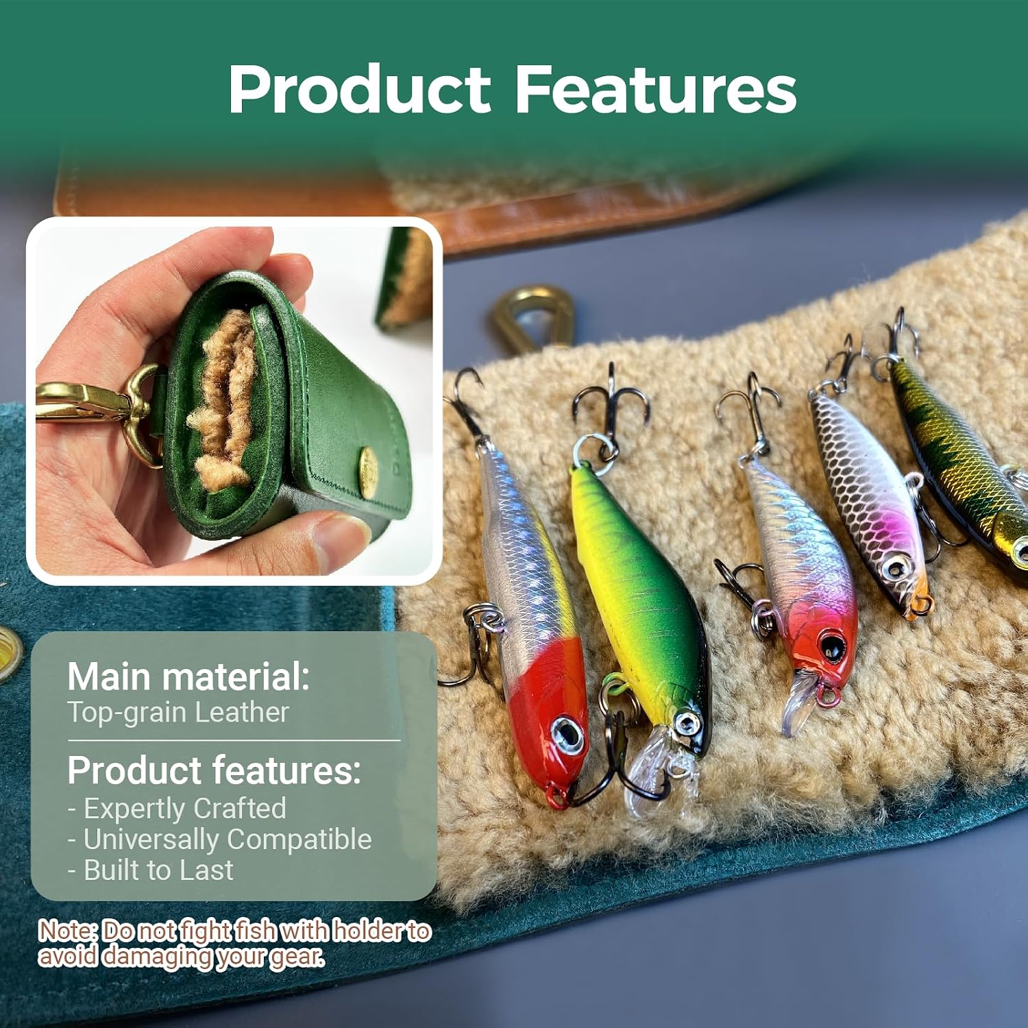 Green Leather Fishing Lure Case | Fly Wallet With Wool Lining (Green)