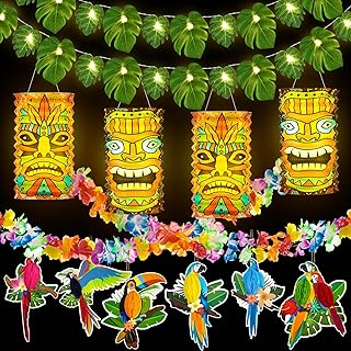 35 Pcs LED Luau Party Decor Hawaii Tropical Tiki Paper Lanterns Hibiscus...