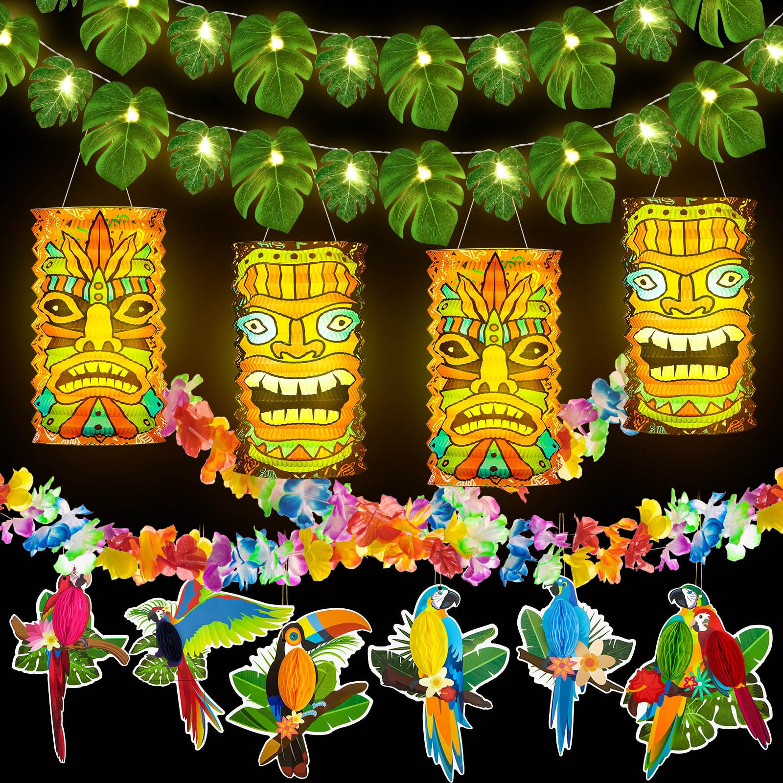 35 Pcs LED Luau Party Decor Hawaii Tropical Tiki Paper Lanterns Hibiscus Garland Monstera Leaf String Lights Birds Honeycomb Cutouts for Summer