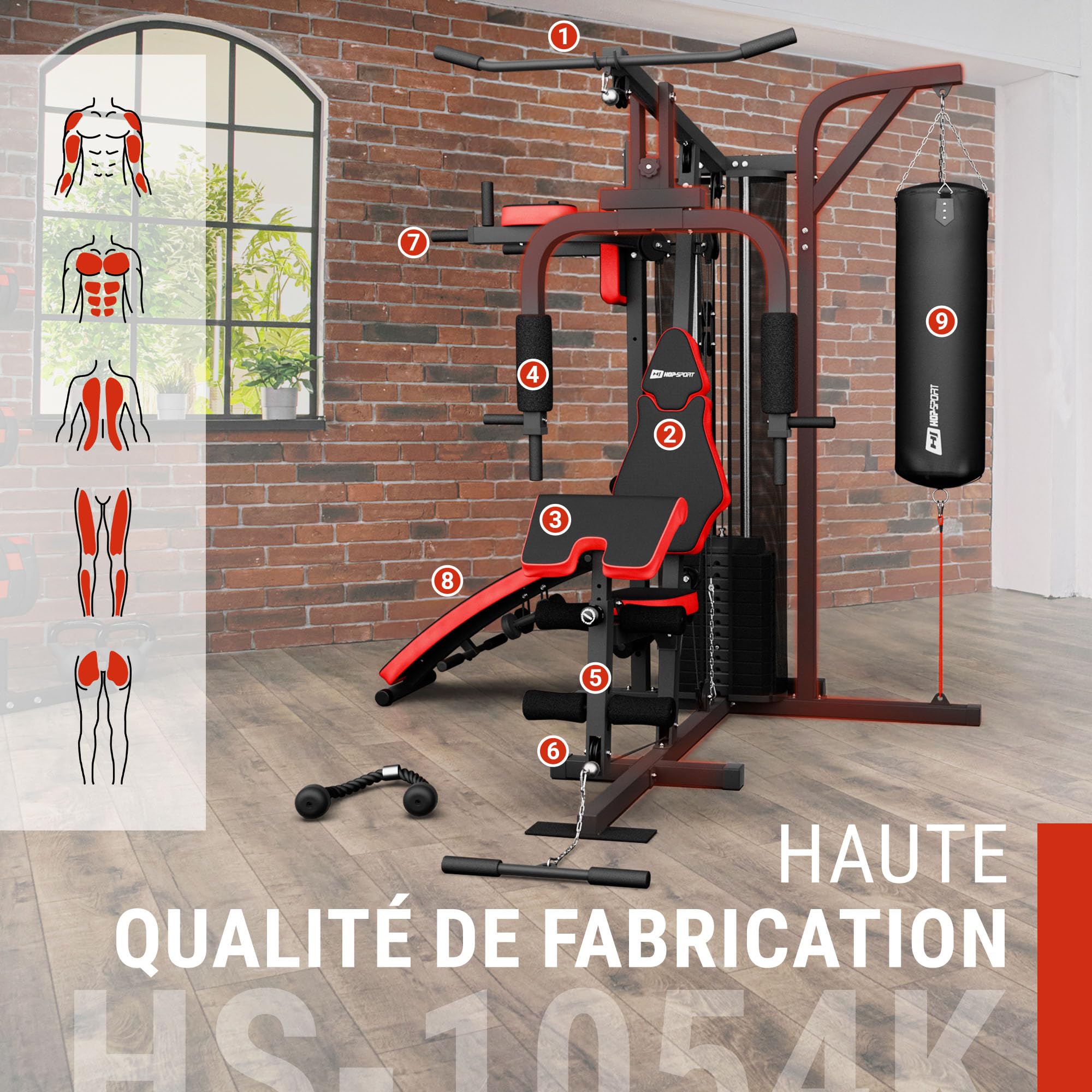 HOP-Sport® Station de Musculation Multifonction HS-1054K, Appareil avec 3 Positions 72kg, Banc d'entraînement, Sac et Gants de Boxe, Module Papillon, Barre de Traction, Poulie Haute, Haltères 2x1,5kg