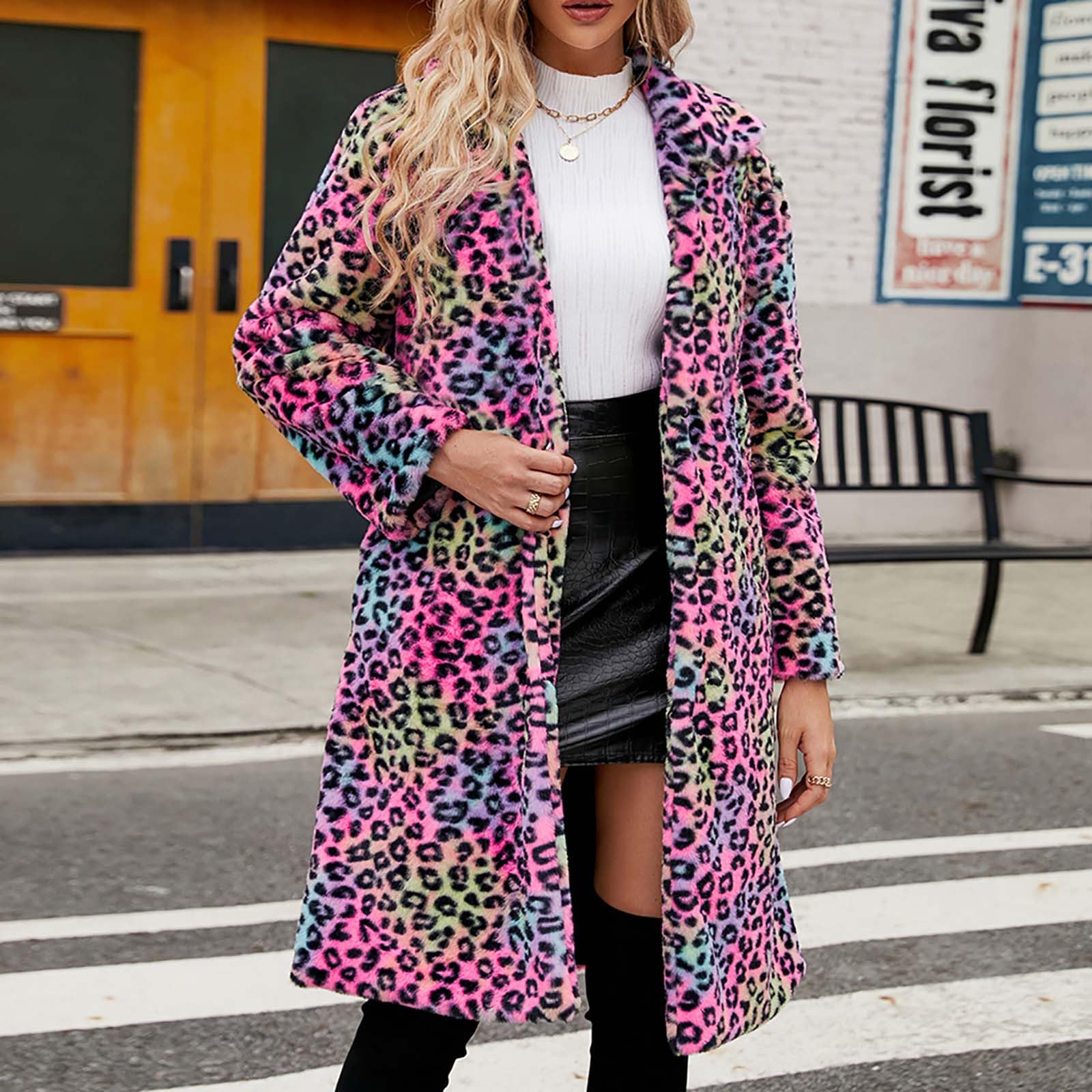 Rosa Leopard Pelzmantel Damen Kunstfell Winterjacke Lange Kunstpelze Jacke Dicke Warme Mantel Langarm Umlegekragen Felljacke Wintermantel Große Größen Fellmantel Winter Pelzjacke Übergangsjacke 3XL