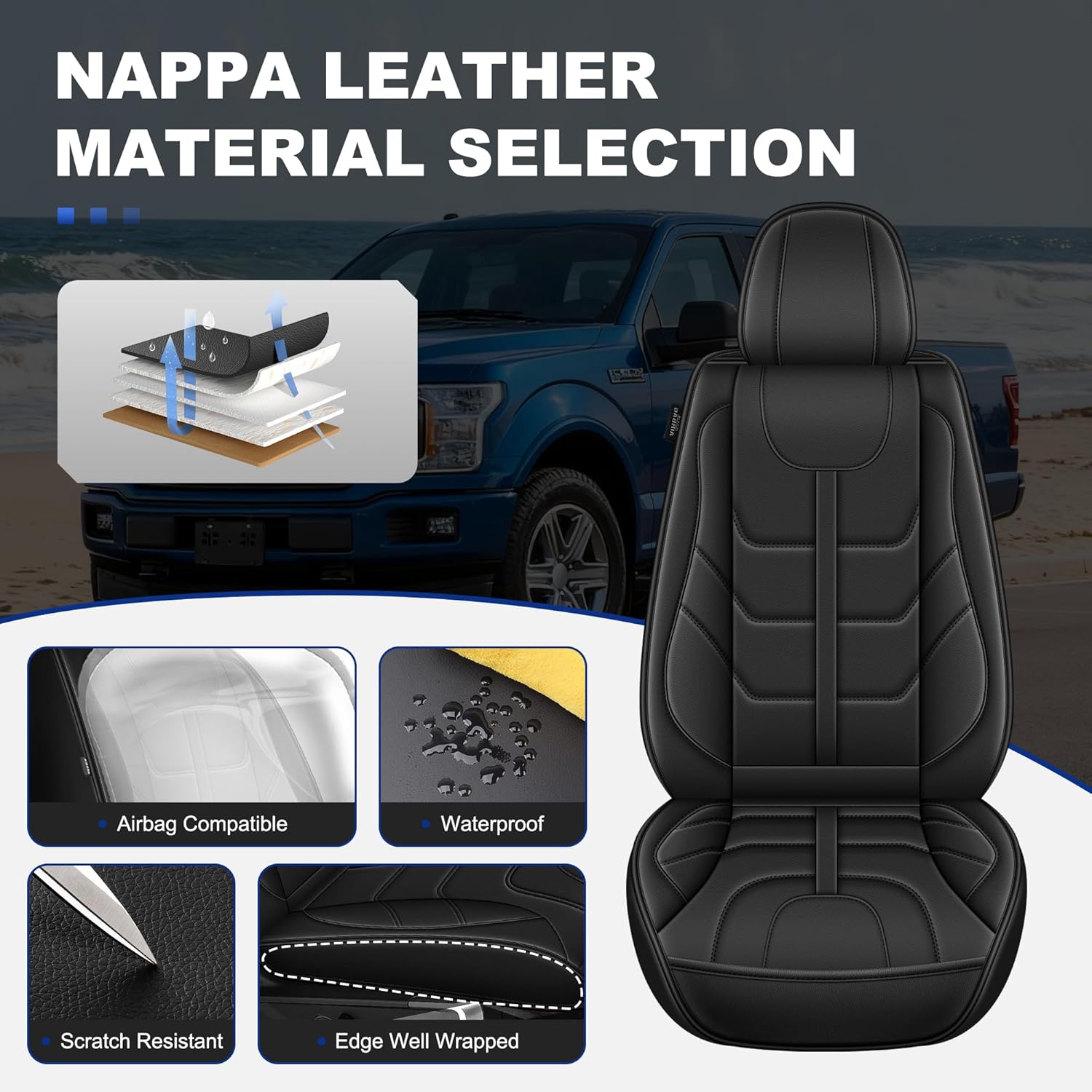 YORKNEIC Fit for Ford F150 Seat Covers 2009-2025 2026 F250 F350 F450 2017-2025 2026 Faux Leather Seat Covers Full Set Airbag Compatible Car Cushion(Black)