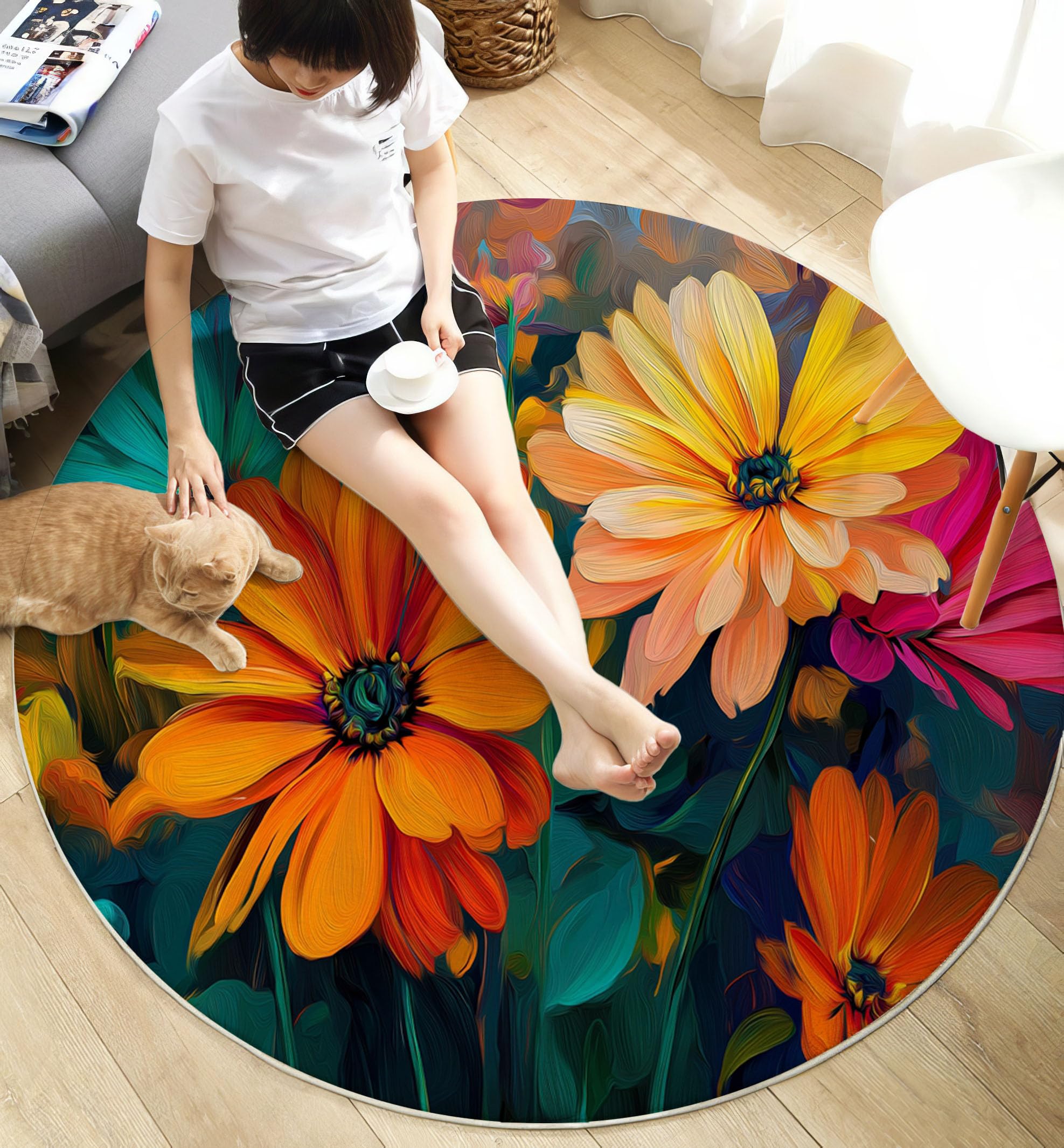 Tappeto rotondo Ø 100 cm, lavabile in lavatrice e antiscivolo, morbido tappeto rotondo Dipinti Ad Olio Impressionisti Gerbera, per soggiorno camera da letto sala da pranzo