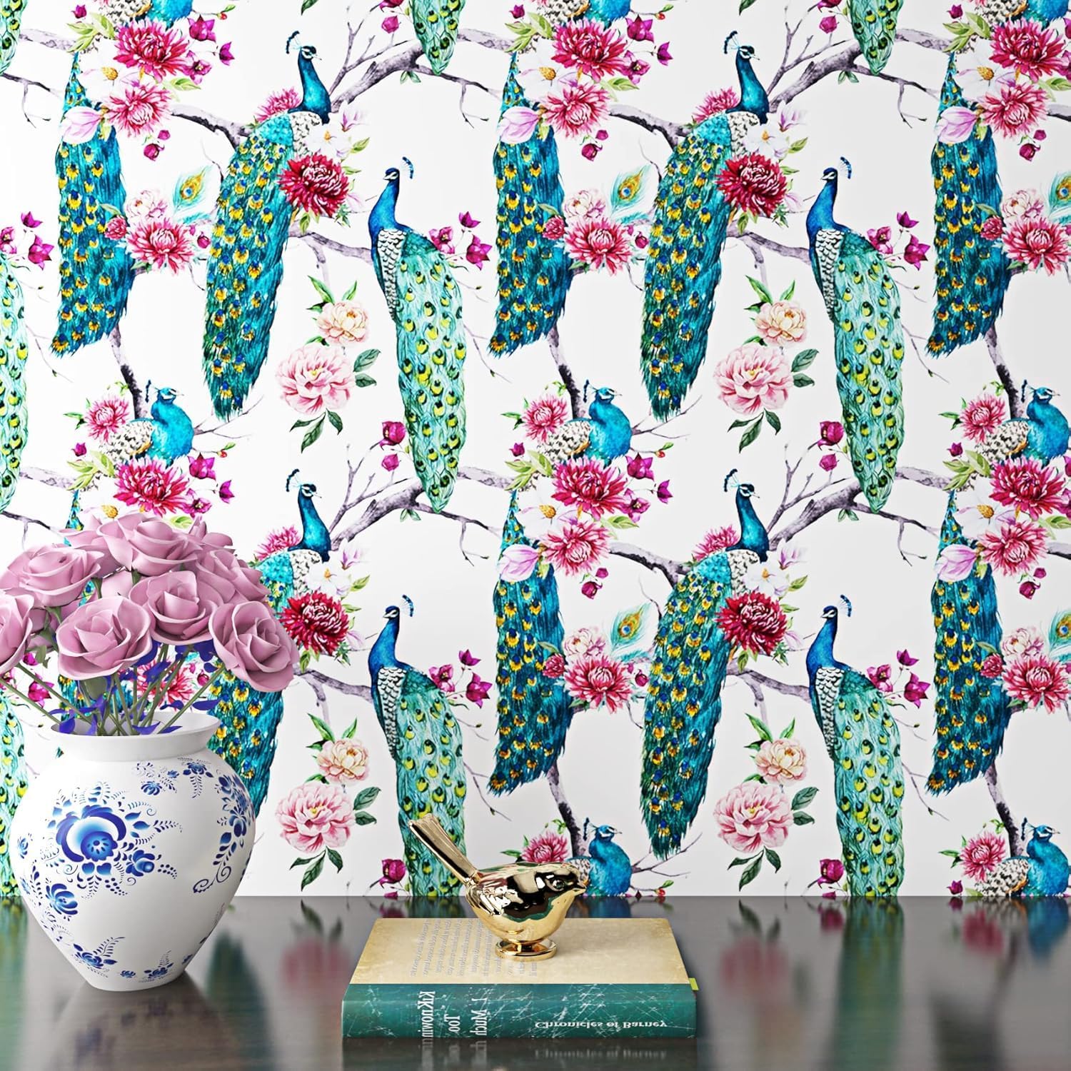 ReWallpaper 17.5in X 23ft Vintage Peacock Peel and Stick Wallpaper Boho Blue/Green Peonies Removable Wall Paper Sticker Peel and Stick Vintage Floral Contact Paper for Walls Bathroom Bedroom Girls