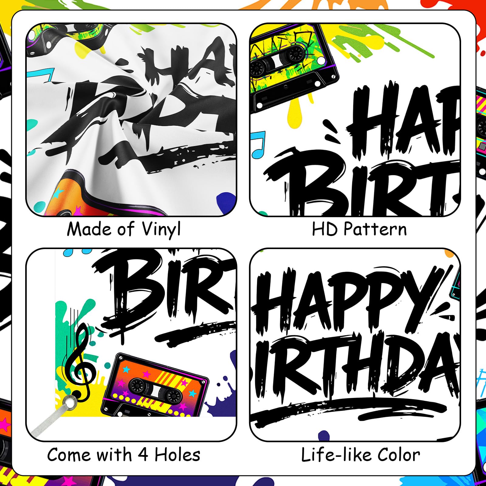 Cinta de casete para cumpleaños, telón de fondo con temática musical, caja de feliz cumpleaños, pancarta colorida de graffiti, música, audio, boombox, fondo de fotografía para niños y adultos