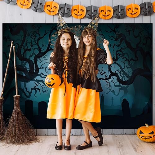 Miniatura 5 de Telón de fondo de Halloween de 7 x 5 pies, gran noche oscura con luna, diseño de bosque de lápidas, fondo para colgar en la pared, fotografía
