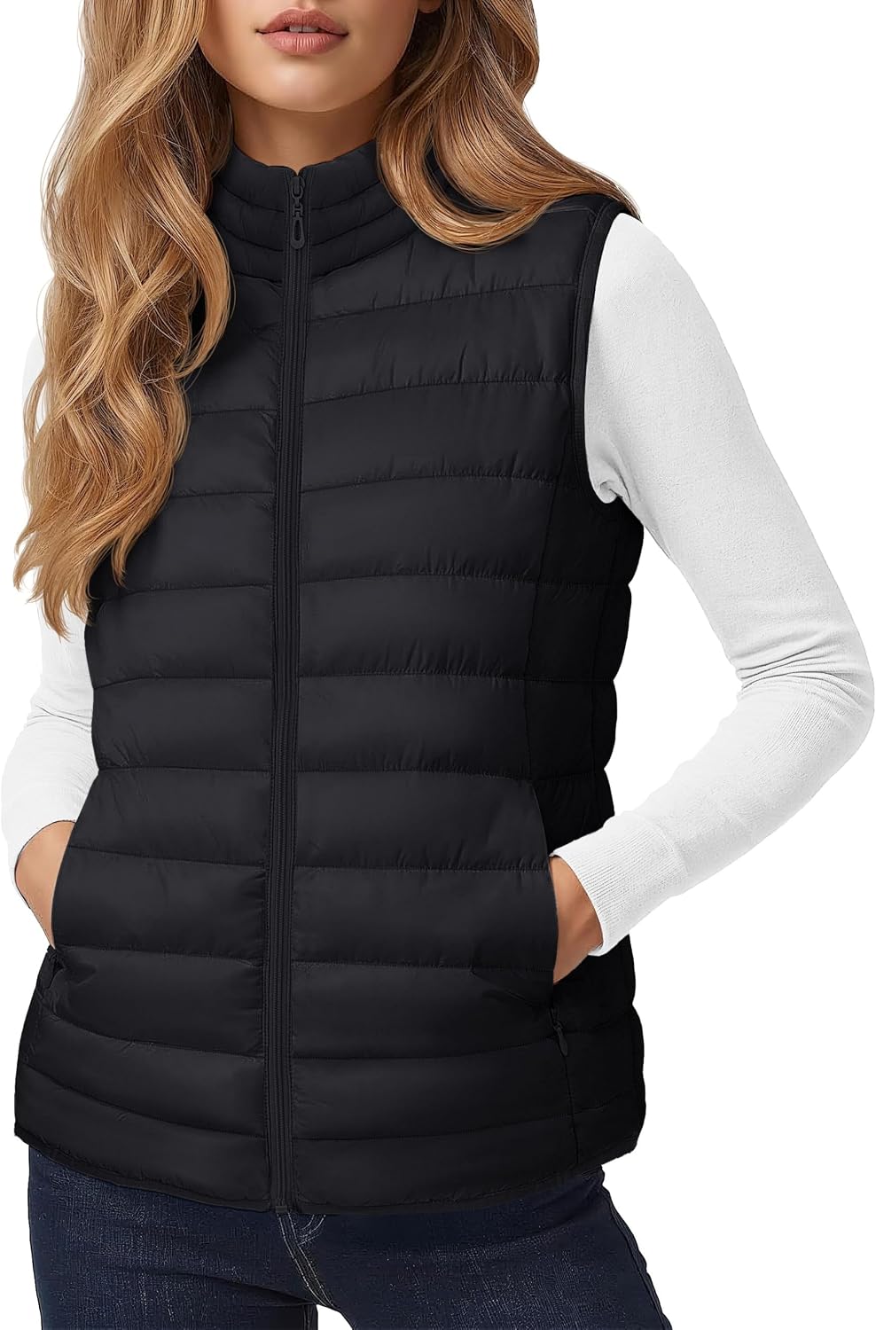 Women's Quilted Puffer Vest Lightweight Sleeveless Puffy Jacket | Padded Gilet Outerwear,Warm,Wind,Moisture-resistant,Stand Collar,Zip-Up,Inner Pockets,Winter,Casual,Outdoor