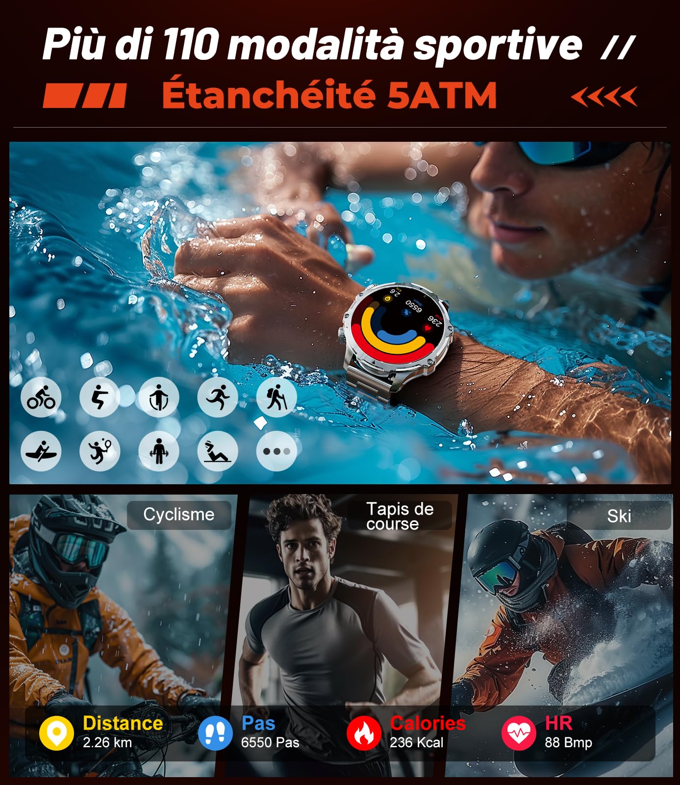 LIGE Montre Connectée Homme, Grand Écran HD 1,85''/800mAh/Torche LED, Smartwatch avec Appel Bluetooth, Étanche 5ATM, 110+ Modes Sportifs, Suivi Fréquence Cardiaque et Sommeil, Android iOS,FV15-E