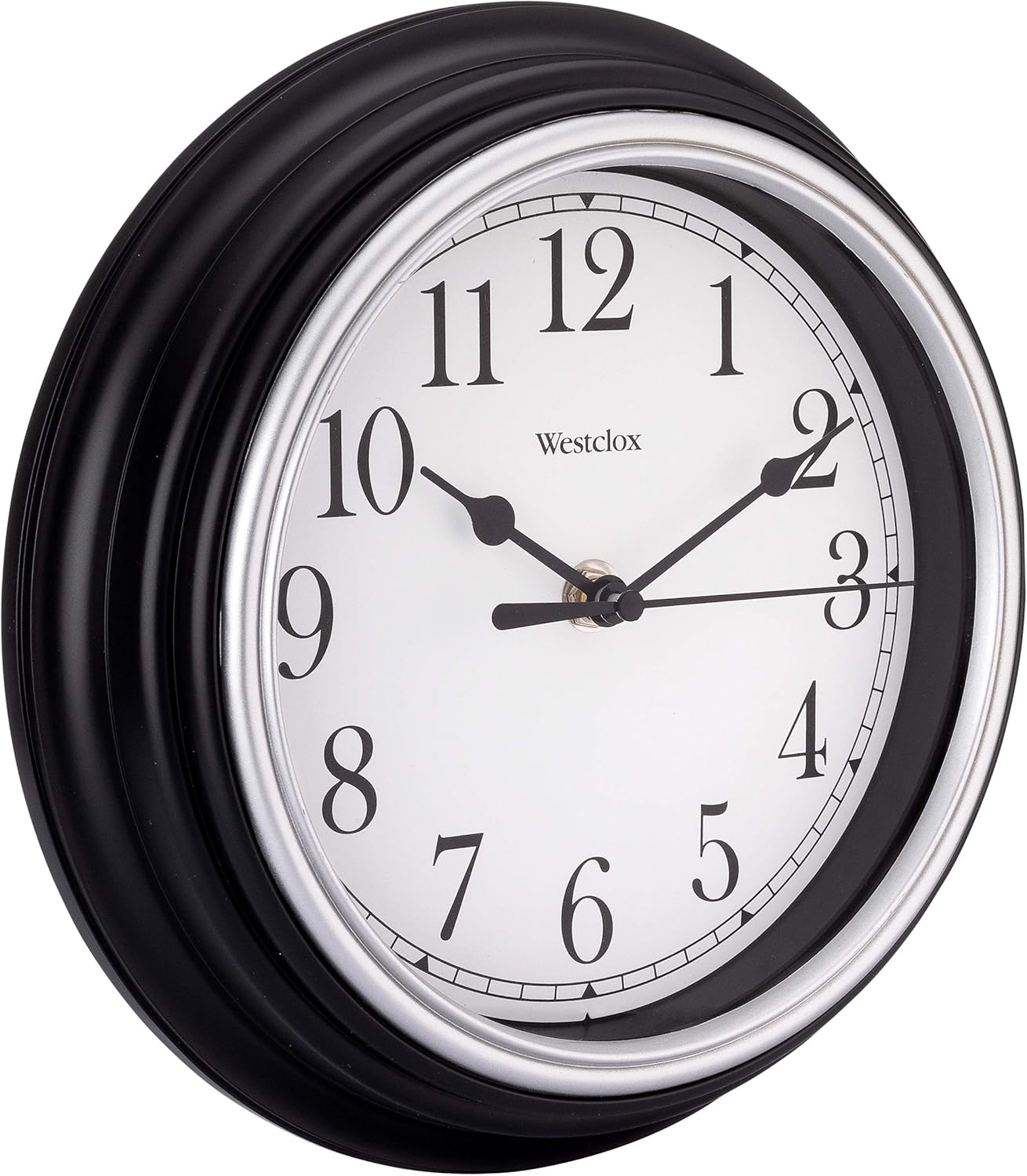 Angled view of the Westclox 9-inch black round wall clock, showing its side profile and depth.