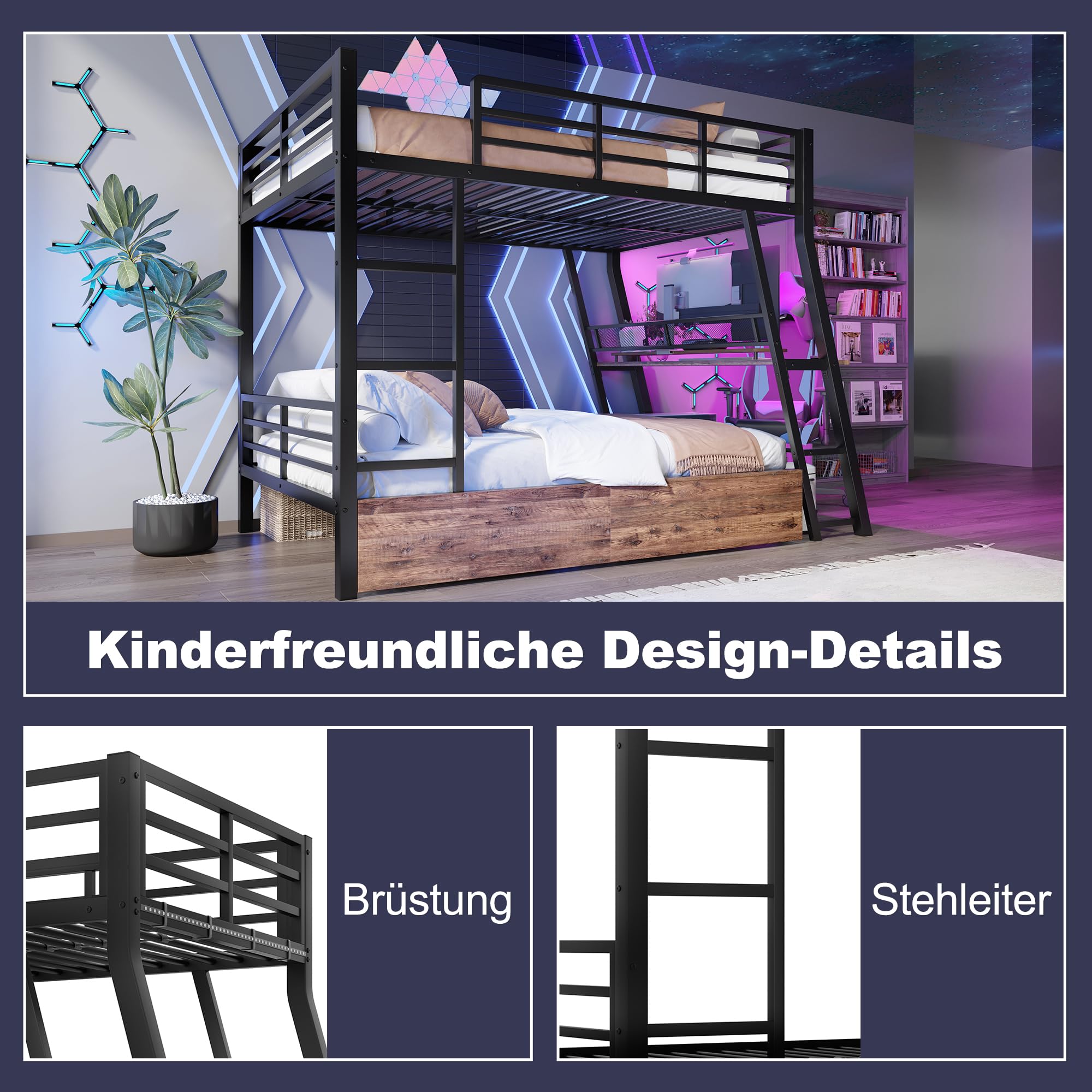 Letto a Soppalco 140x200 cm con LED e cassetti, Letto matrimoniale con scrivania, Letto Bambini con scala e ringhiera, Nero(Senza Materasso)