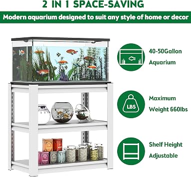 JHshop White 40-50 Gallon Fish Tank Stand: Large Metal Frame Double Aquarium Stands for Fish Tank Accessories Storage | Reptile Tank Table Stand 31.5 L x 18 W x 34 H Adjustable