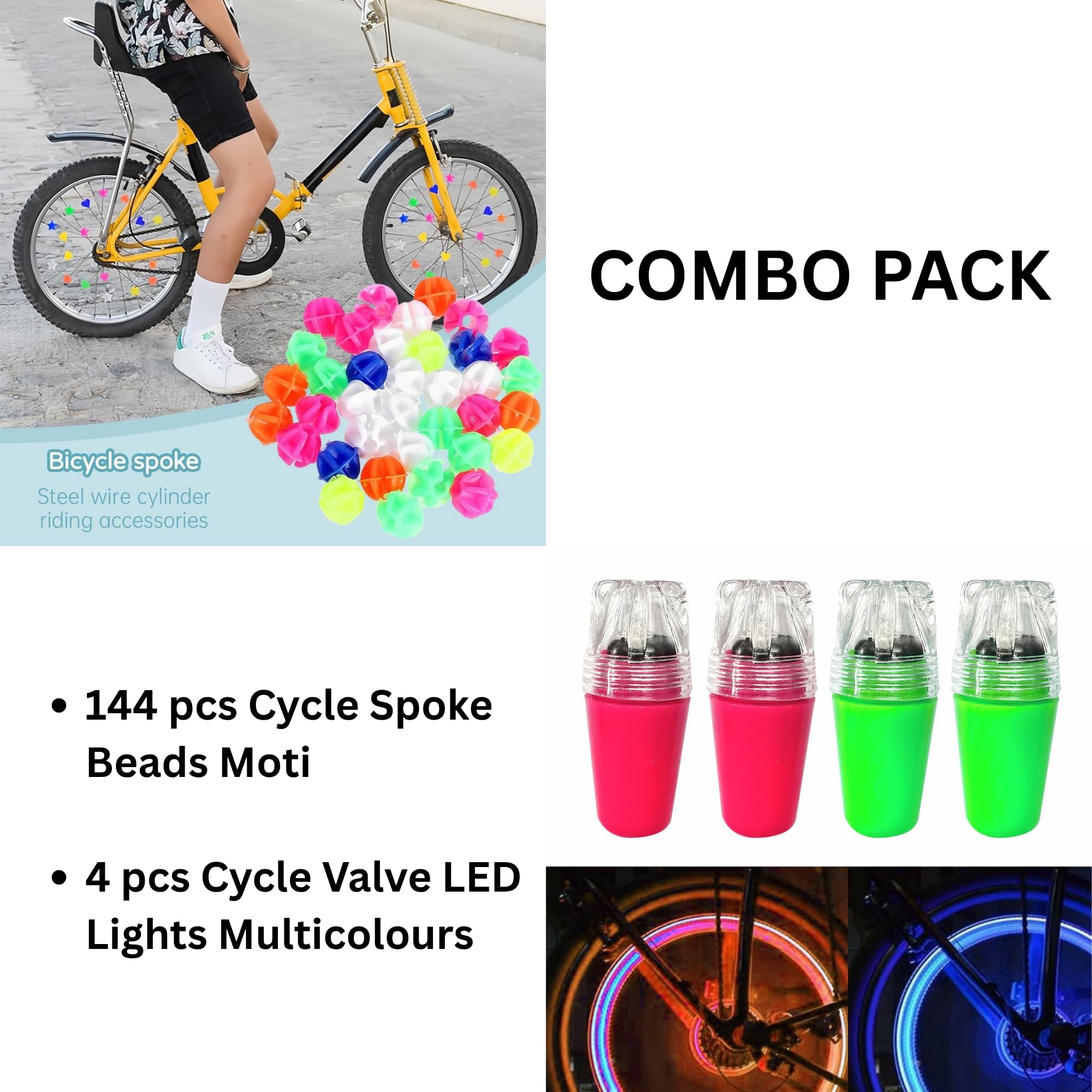 Bicycle Spoke Beads & Valve Lights LED Multicolour Set for Tyre Wheel | Kids Cycle Spare Parts & Accessories | Decorative Lights & Colourful Moti for Kids Bicycles | Set of 2 Items