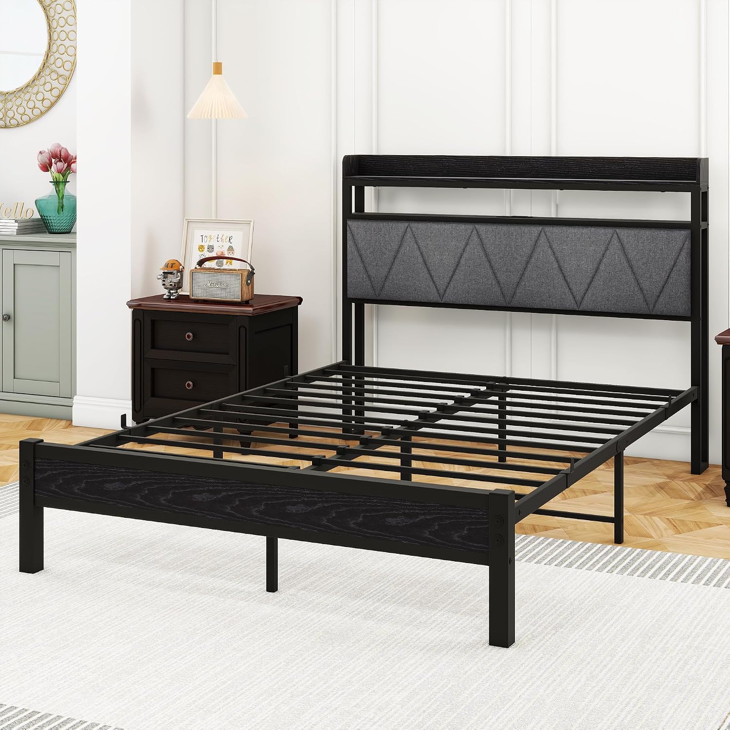 Under-bed storage space of HOMERECOMMEND bed frame, showing 10.6 inch clearance