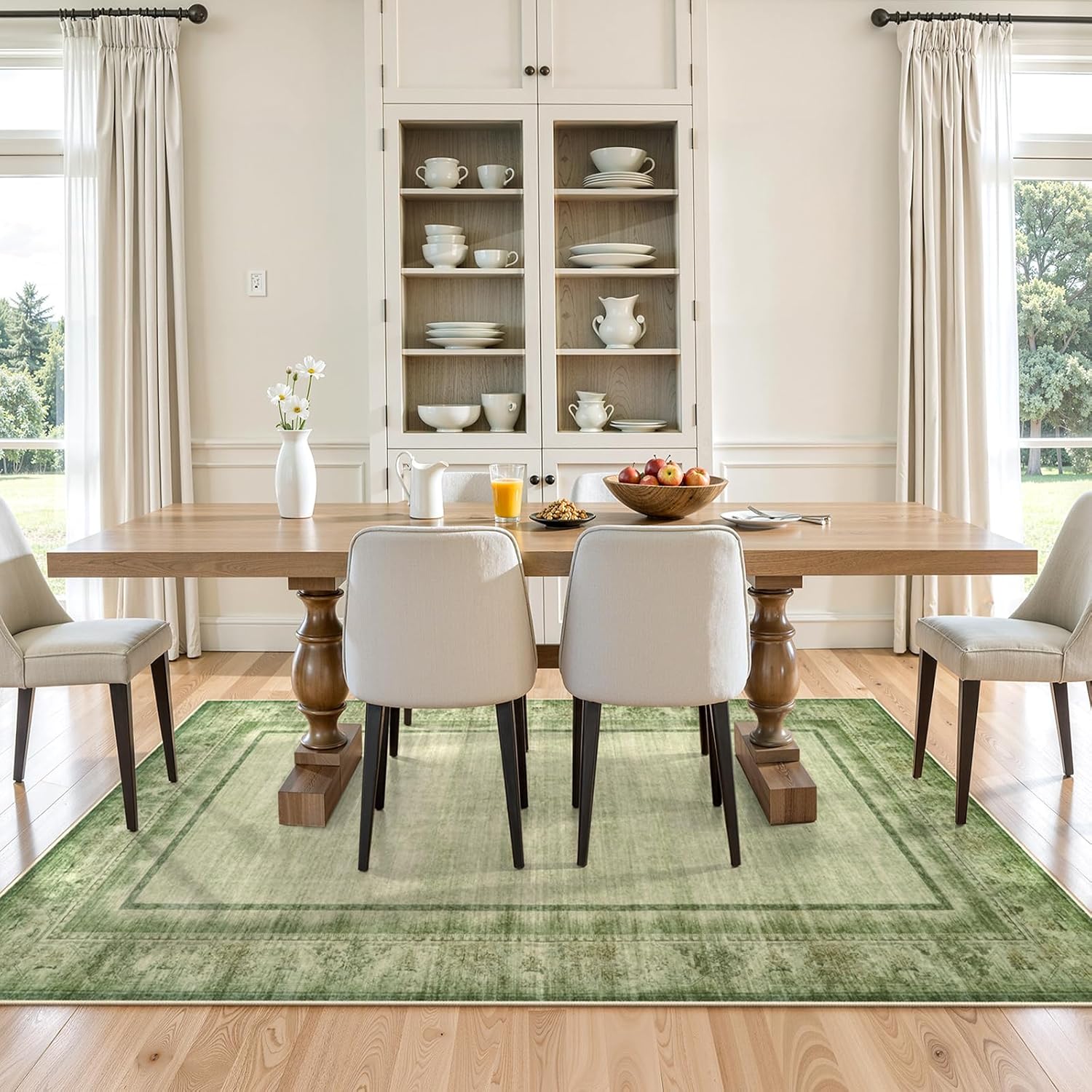 LIVEBOX Washable 5x7 Green Area Rugs for Living Room Clearance, Non-Slip Vintage Bordered Bedroom Rug, Modern Farmhouse Bordered Print Rugs for Dining Room, Carpet for Boys Room Decor (Green,5'x7')
