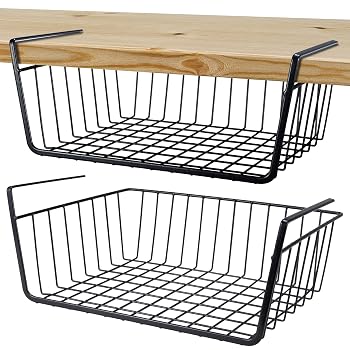 Undershelf Storage Basket - Metal Wire Hanging Bin for Kitchen Pantry Bookshelf - Space Saving Household Organizer (Medium, 2 PCS)