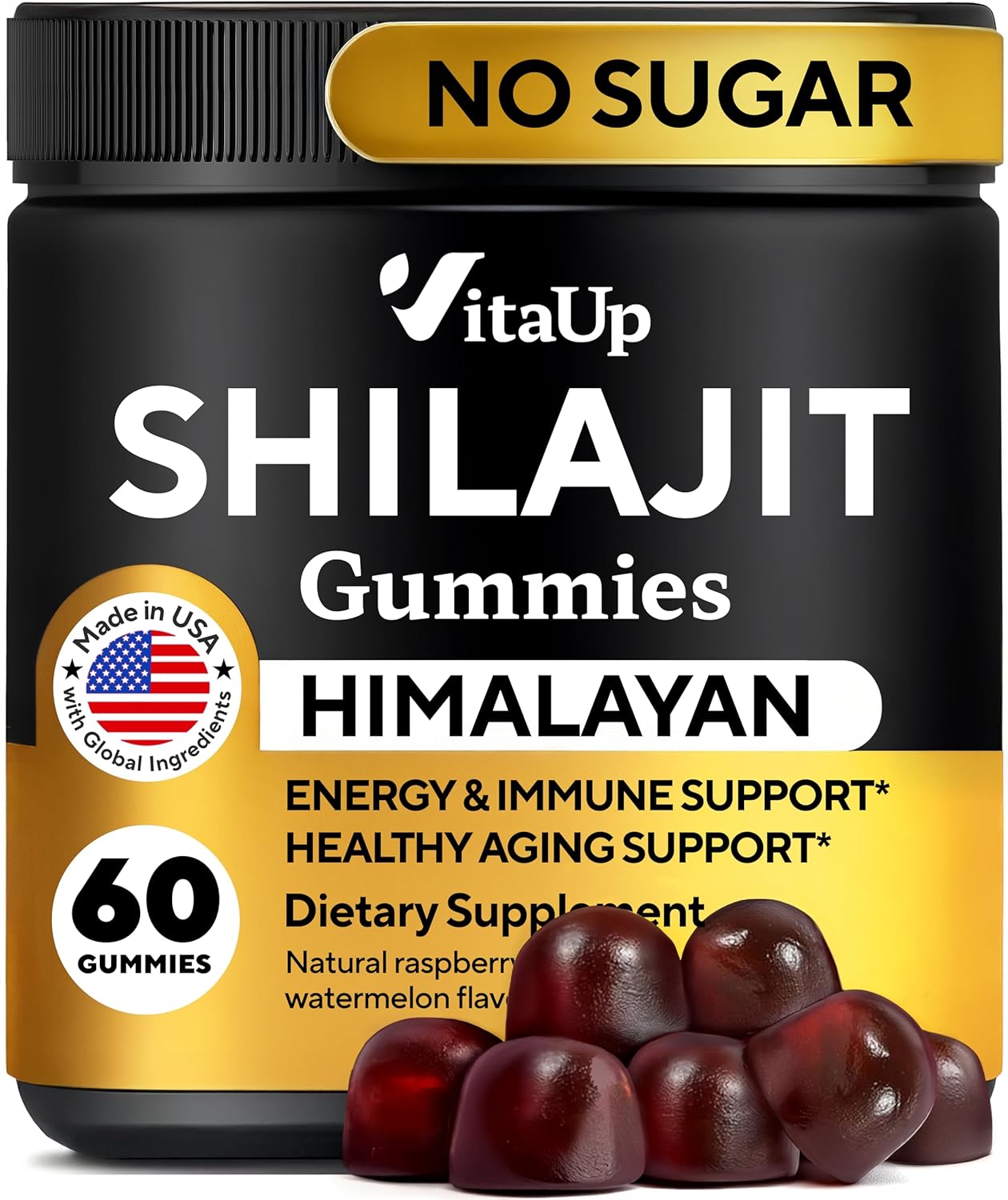 Gomas de Shilajit Himalayan VitaUp para Homens e Mulheres - Suplemento de Goma Sem Açúcar com Ácido Fúlvico - Apoio ao Envelhecimento Saudável, Imunidade e Energia - 60 Unidades