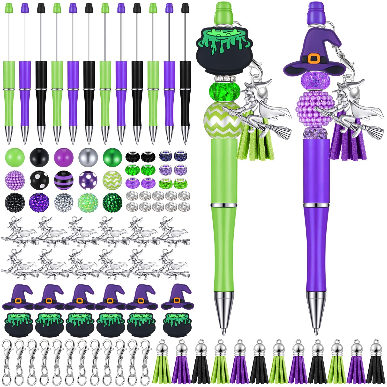 Jutom 12 Pcs Halloween Beadable Pens with Focal Silicone Beads Witch Cauldron Purple Green Bead Crafting DIY Making Pens Kit for Office School