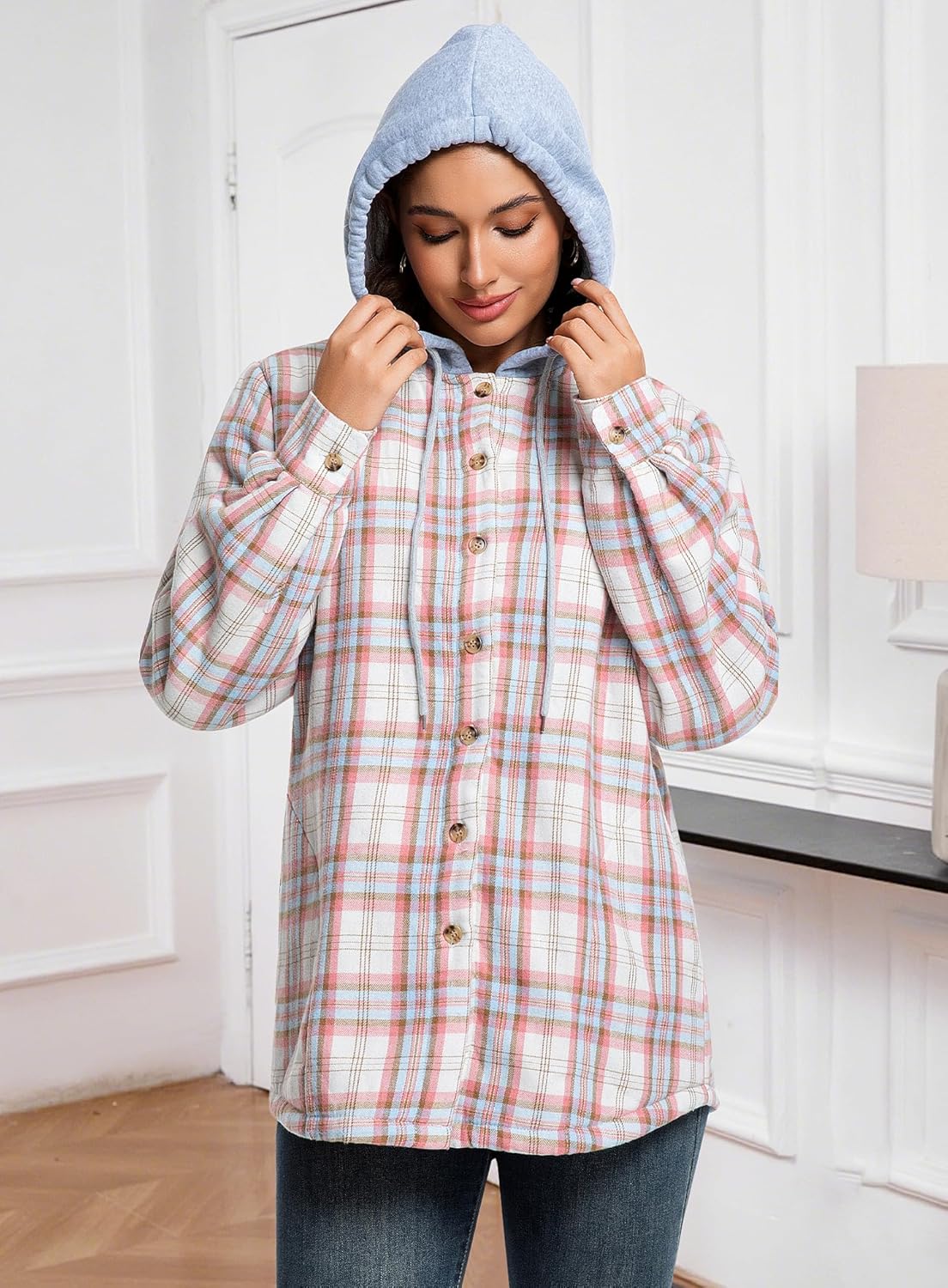 Women's Sherpa Lined Flannel Shirt Jacket Cotton Plaid Fleece Button Down Jackets with Hood for Women - Image 5