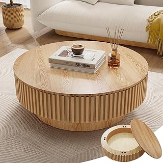 31.5'' Round Coffee Table with Storage, Modern Fluted Circle Coffee Table Unique Drum Low Center Tea Table with Solid Wood Veneered for Living Room Small Space, Mesas De Centro para Sala, Natural