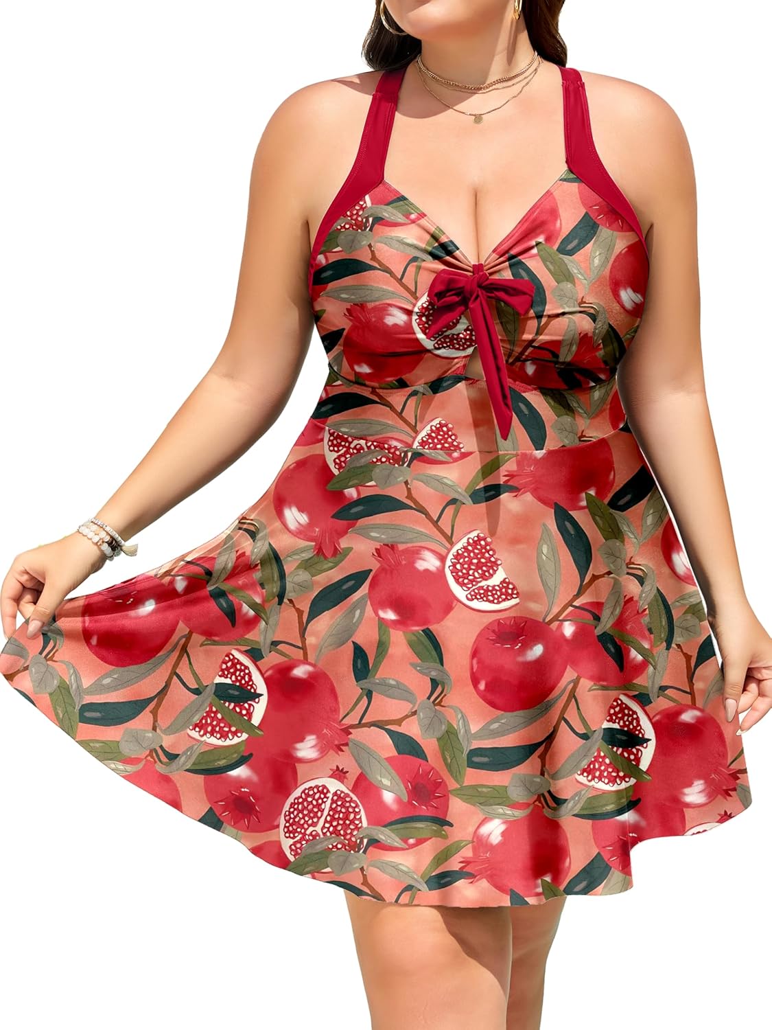 Women's Plus Size Swimsuit Cutout Swim Dress Tie Knot One Piece Tummy Control Bathing Suits Modest V Neck Swimwear