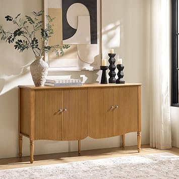 HULALA HOME 58" Wide Solid Wood Fluted Sideboard Cabinet, Storage Buffet Cabinet with Adjustable Shelves & 4 Doors Console Table, Transitional Sideboard, Oak