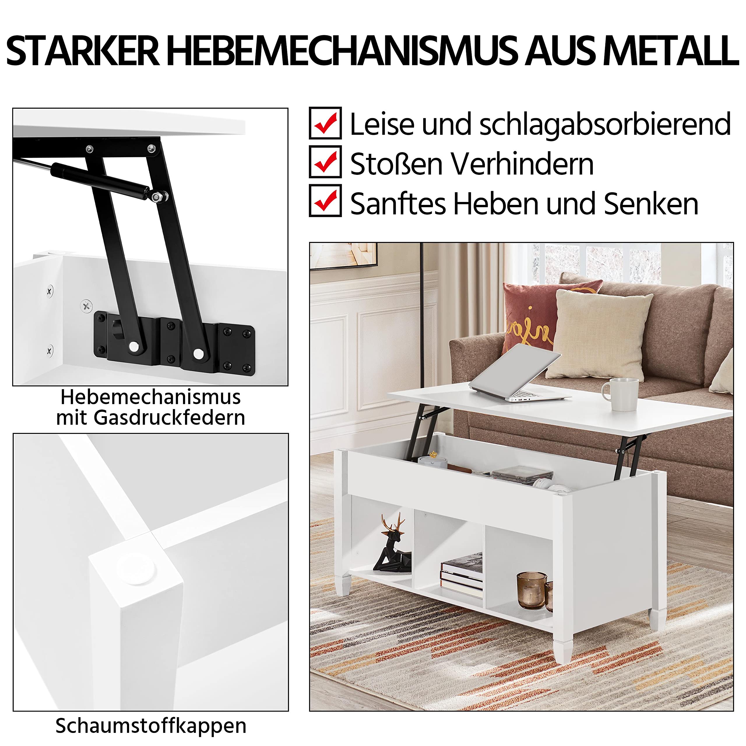 Yaheetech Couchtisch höhenverstellbar Kaffeetisch mit Hebeplatte Hubtisch versteckter Stauraum Beistelltisch aus Holz Sofatisch für Wohnzimmer Weiß