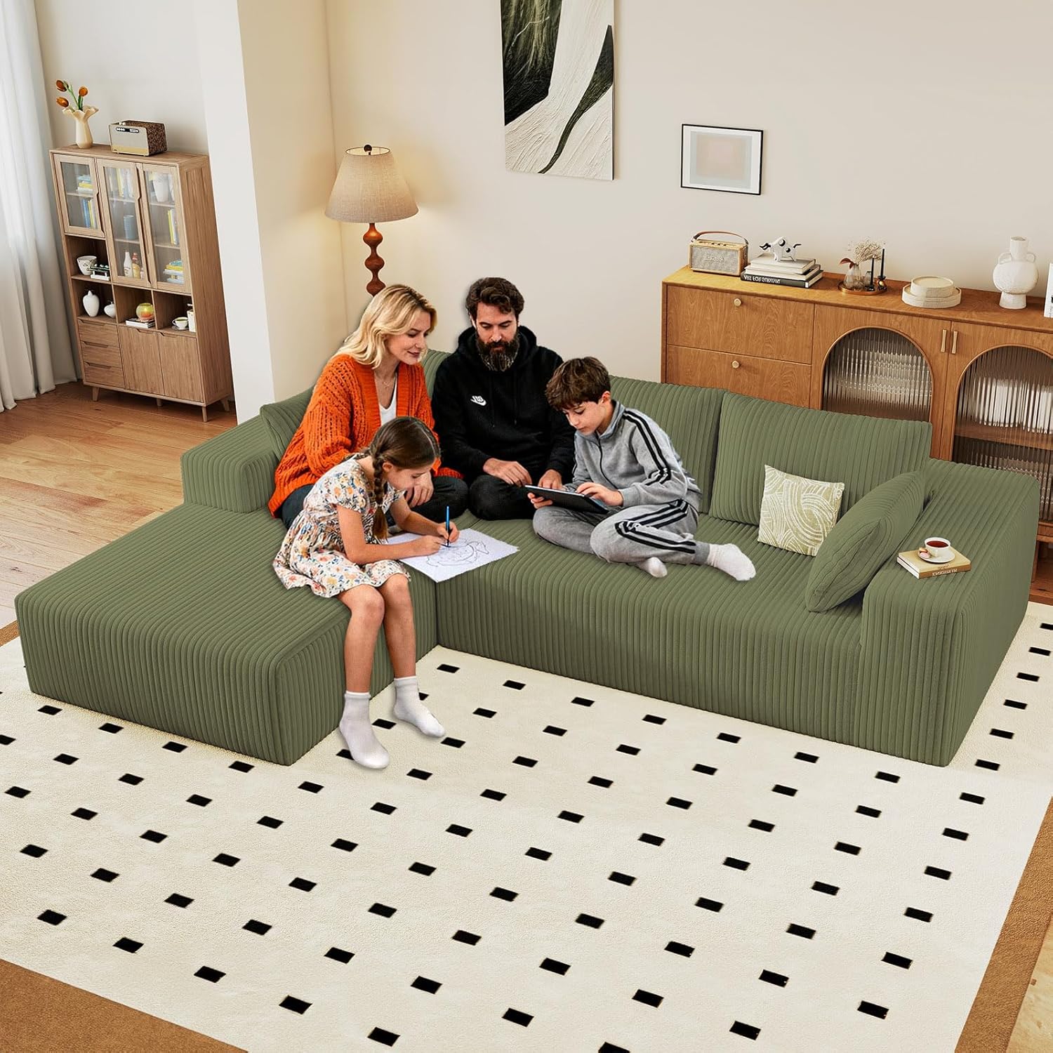 96" Cloud Sectional Couch with L-Shape Chaise, Modern Corduroy Boneless Couch for Living Room,Memory Foam Sofa with Deep Seat,No Assembly Required (Green,Left-Facing Chaise)