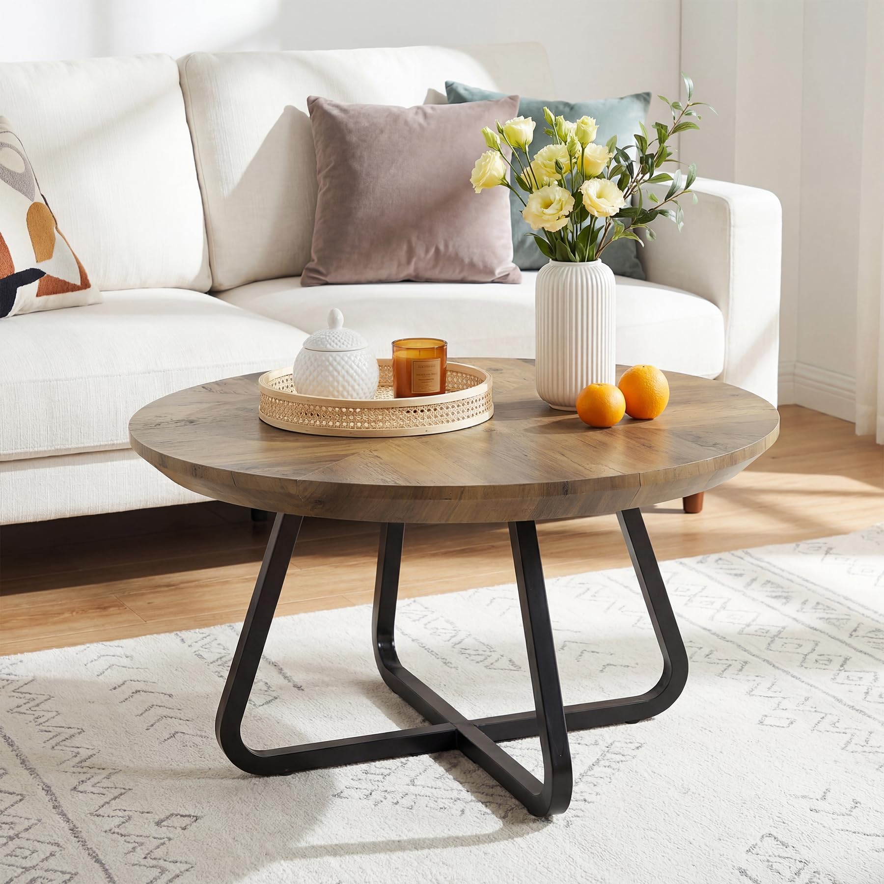 Tribesigns Round Coffee Table 80cm, Rustic Brown Wooden Top with Black Metal Legs, Compact Circle Table for Small Living Room, Home Office, Easy Assembly