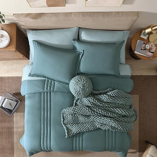 Miniatura 2 de Monbix Juego de edredón de 7 piezas, juego de cama esponjoso para todas las estaciones, cama en una bolsa con sábanas (verde oscuro, 90 x 90